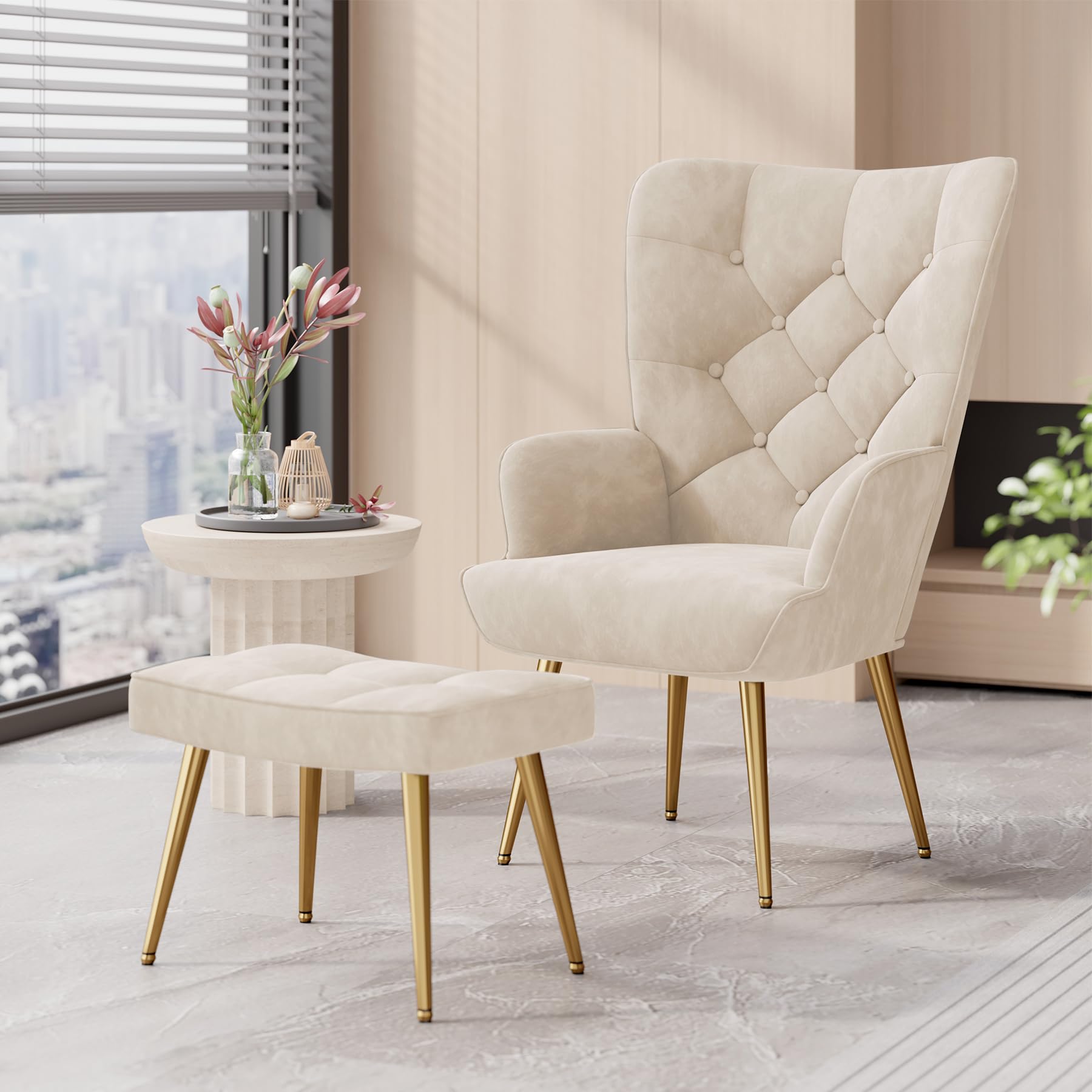 Hawthyhome Eleganter Sessel polsterstuhl Ohnzimmer Sessel Schminktisch Stuhl mit Hocker mit Metall Beinen fürs Wohnzimmer/Schlafzimmer Bis 150 KG belastbar Beige