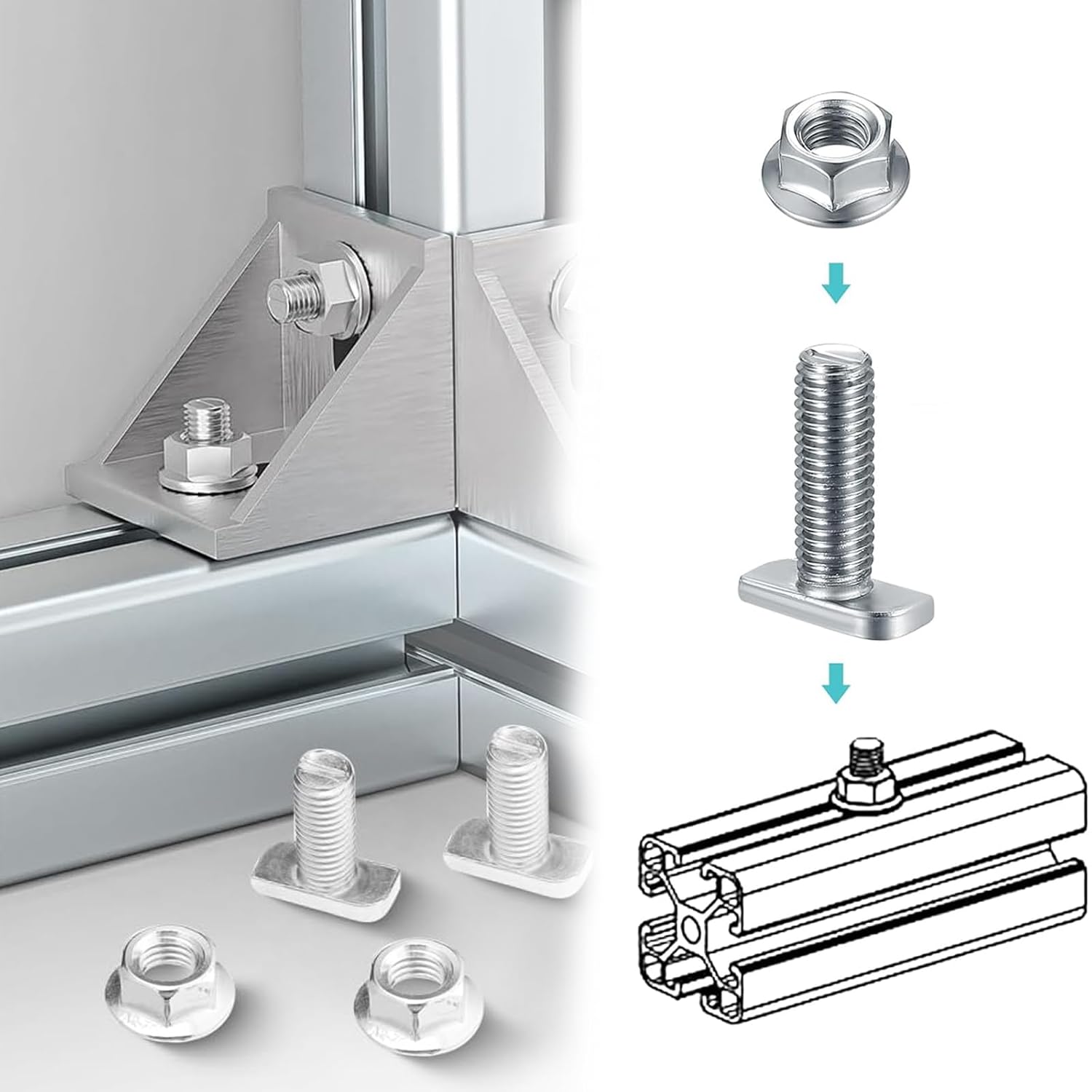 25 Pieces Hammer Head Screws M8 x 20 mm Locking Tooth Nuts Stainless Steel A2-70 Hammer Head Screw Set with Flange Nut Durable M8 Screws for Pv Solar Mounting Rails Greenhouse and Photovoltaics