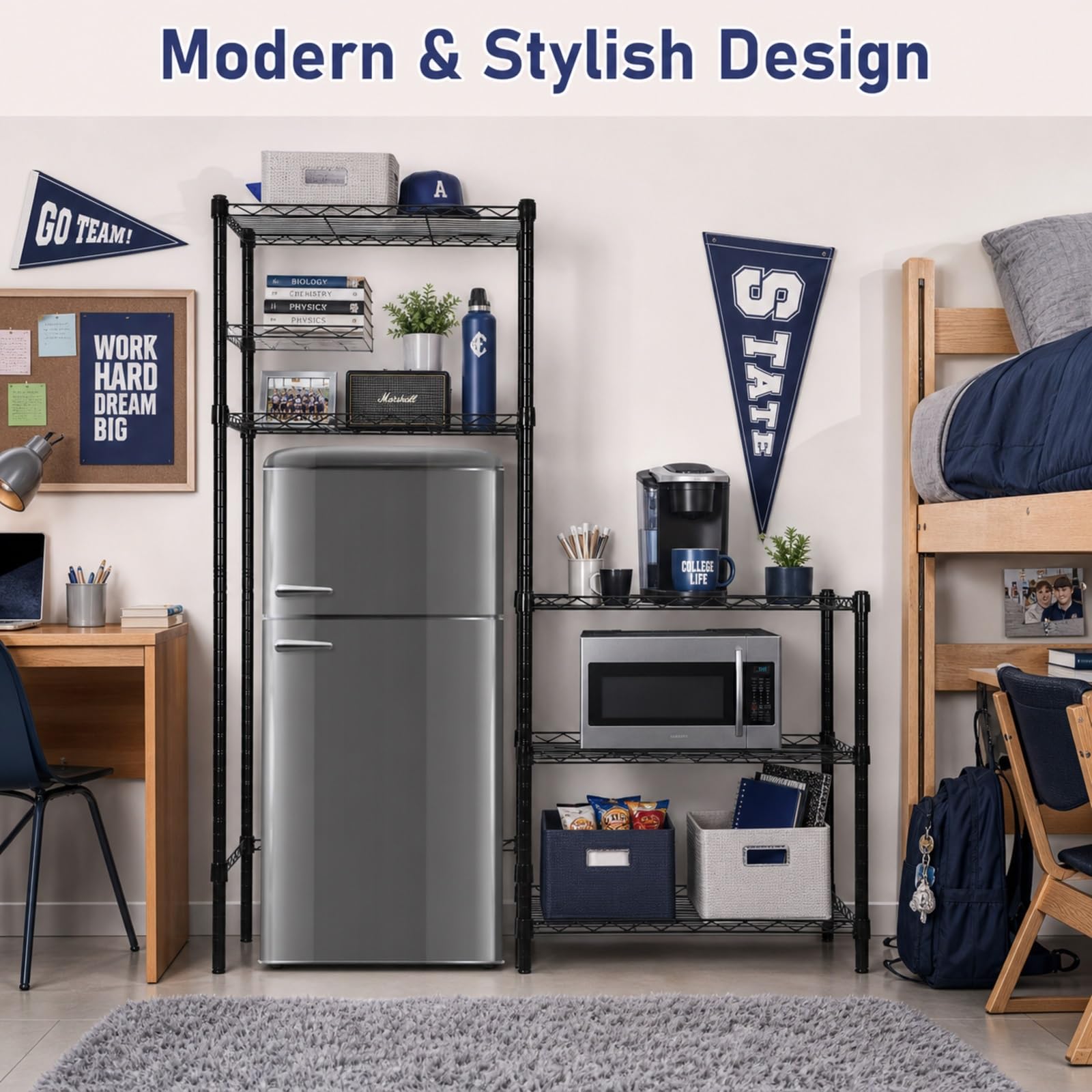 Threehoney Mini estante para nevera con almacenamiento de metal, 3 estantes, estándar para dormitorio, microondas, almacenamiento de mini refrigerador, organizador de altura ajustable para