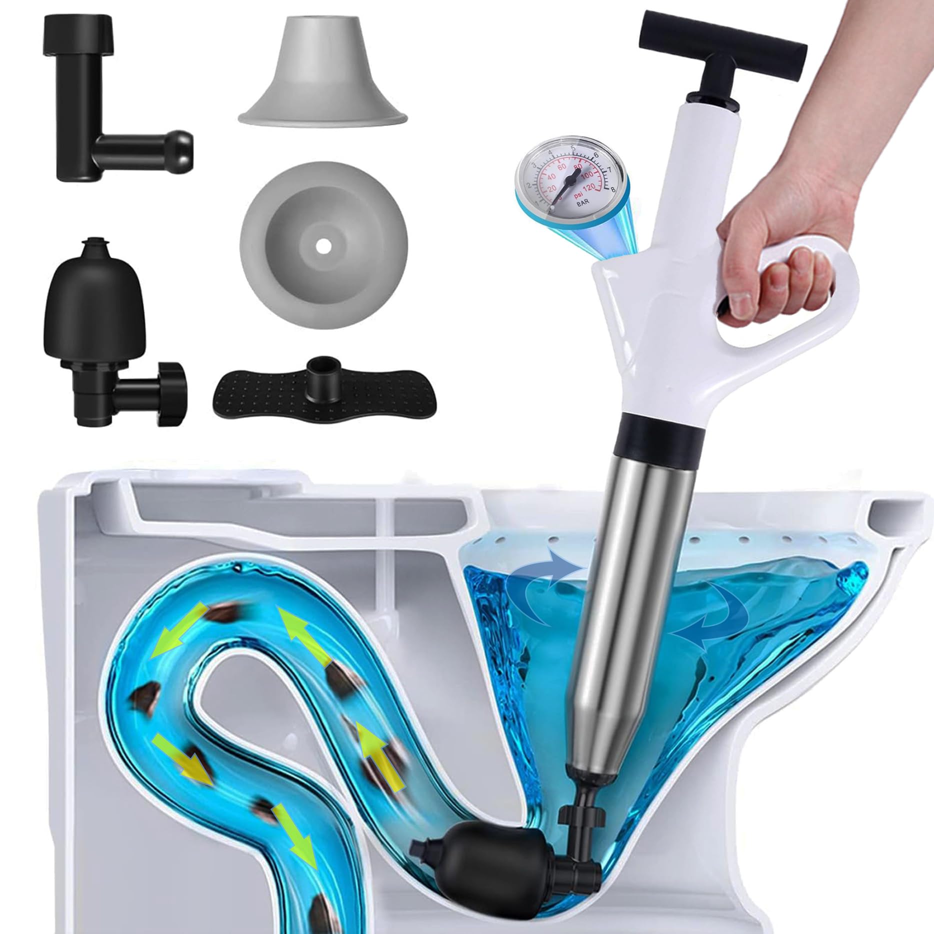 Toilet Plunger, Drain Clog Remover, High-Pressure Air Drain Blaster with Real-Time Barometer Powerful Drain Snake Sink Plunger Plumbing Tools, Plungers for Bathroom, Sink, Floor, Kitchen Clogged