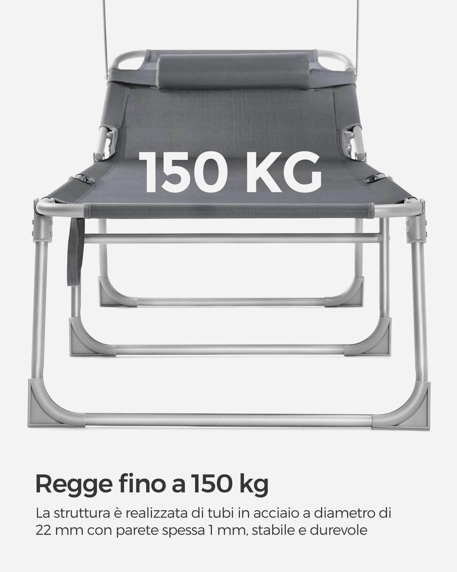 SONGMICS Lettino Prendisole Pieghevole 193x53x29 cm Max Portata 150 kg Poggiatesta Parasole Schienale Reclinabile Grigio Scuro