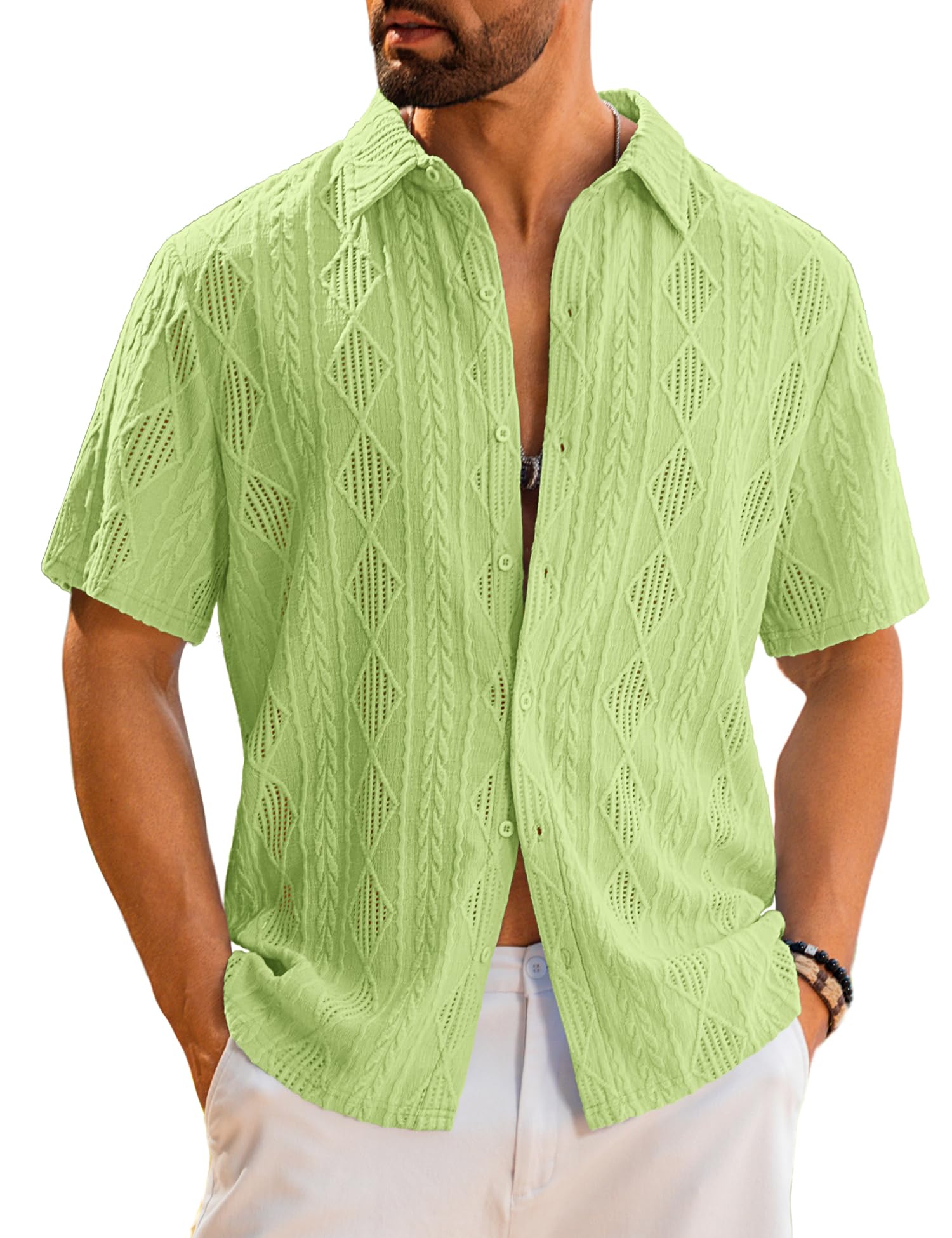 LecGee Men's Summer Button Down Shirt Short Sleeve Eyelet Hollow Out Lace Top See Thru Beach Hawaiian Shirt Casual Daily