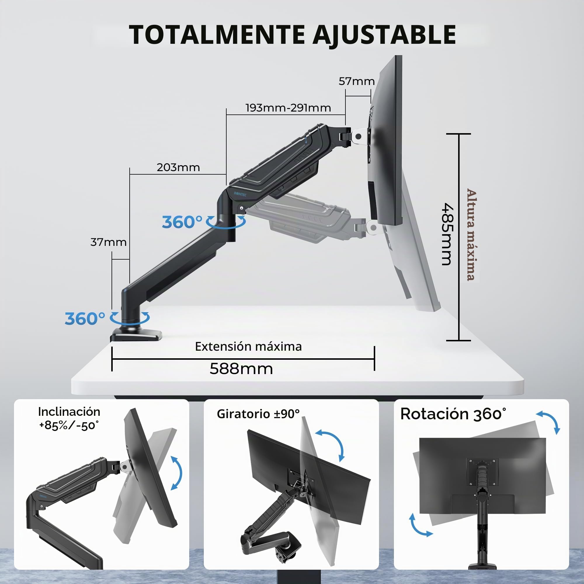 BONTEC Soporte para Monitor 15-34 Pulgadas, Brazo Individual A Gas hasta 12 Kg, VESA 75x75 100x100, Rotación 360°, Altura E Inclinación Ajustable, Soporte De Escritorio Y Mesa con Gestión De Cables