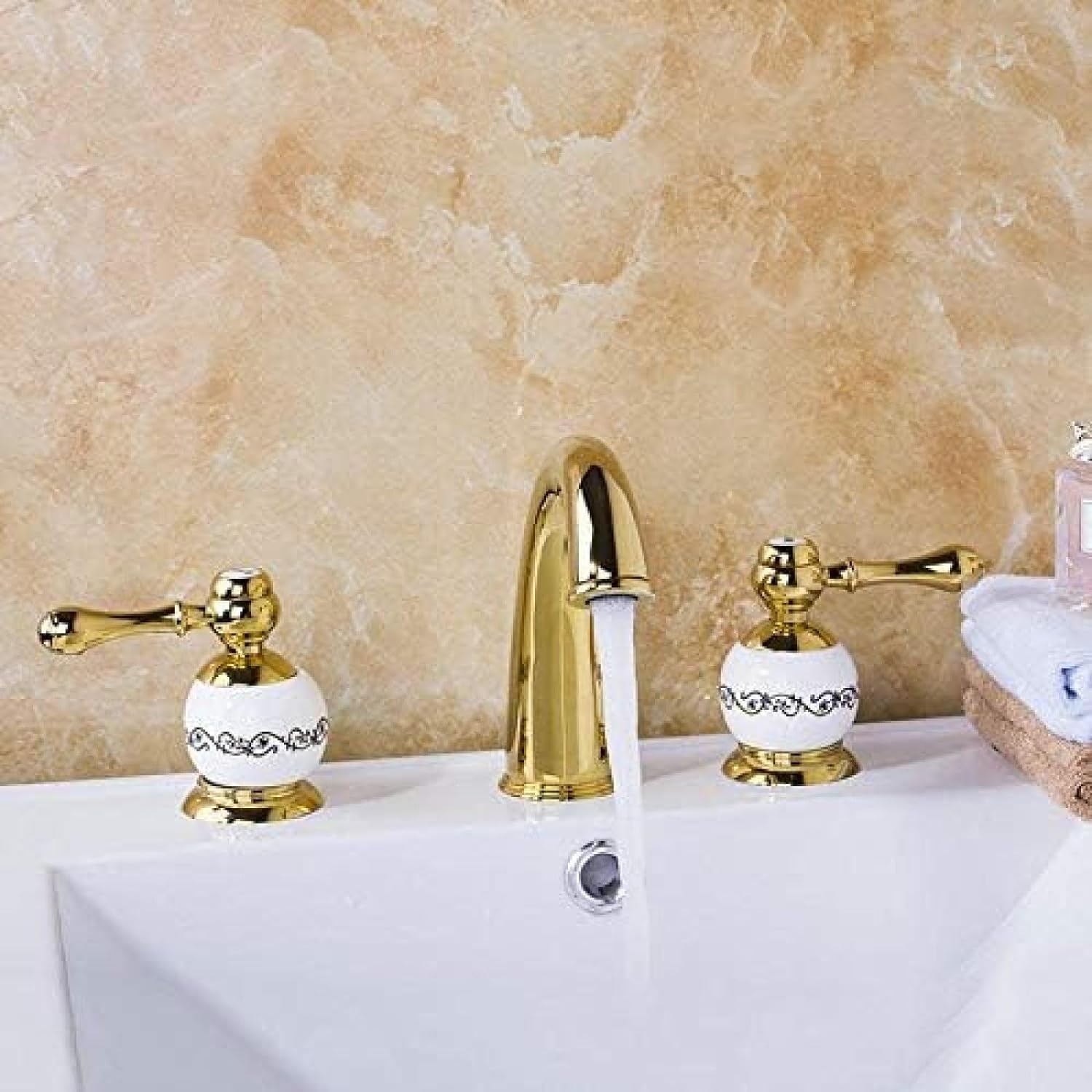 Bateria łazienkowa, zestaw 3 szt., pozłacana, bateria wannowa, zestaw EuropUPC, bateria umywalkowa z podziałem, ceramiczny korpus baterii, dwa uchwyty