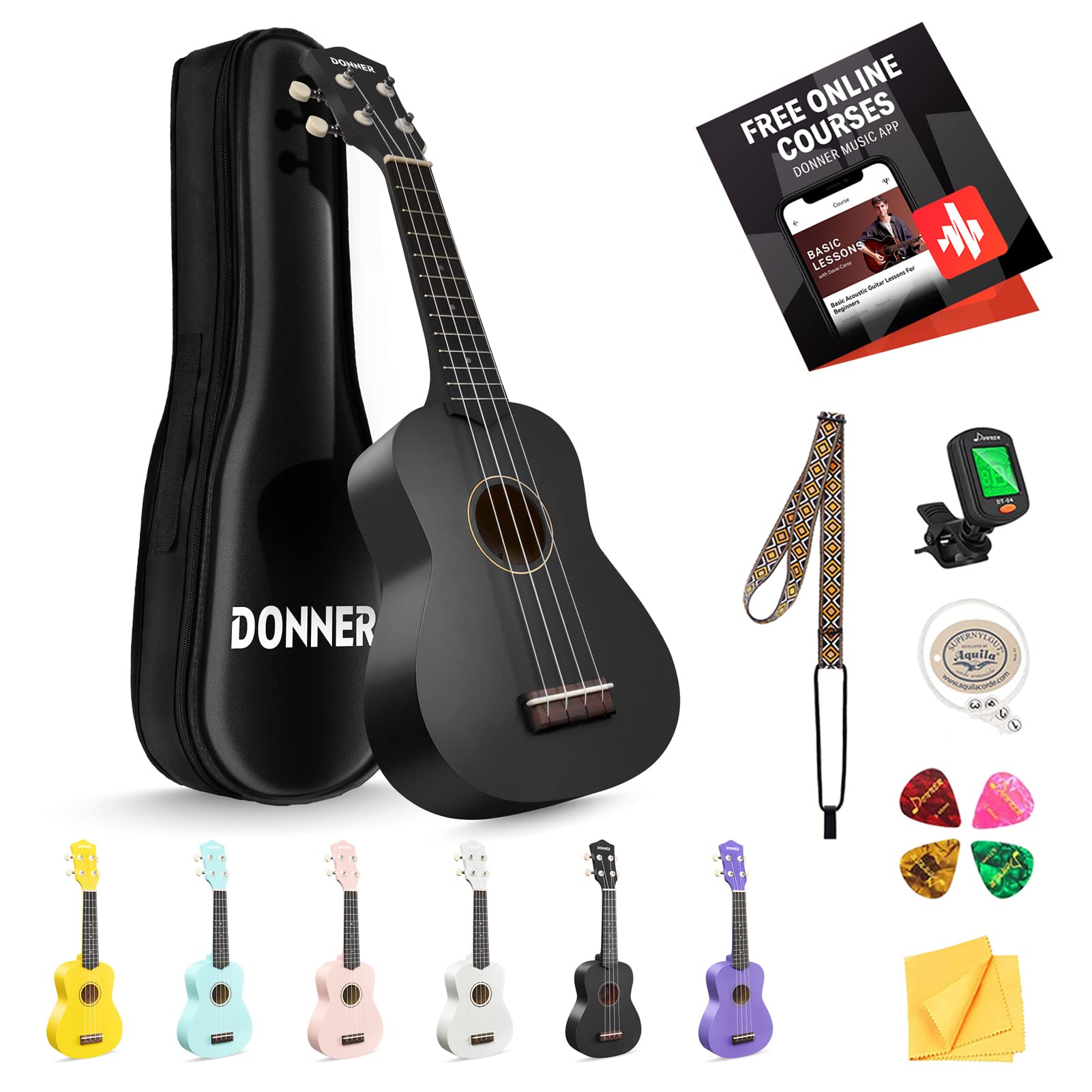 Donner Soprano Ukulele for Beginner Adult Kid Ukelele with Free Online Lesson Bag Strap String Tuner Pick Cloth, DMU-01 21 Inch Matte ukalalee Bundle Kit Macaron Series-Dark
