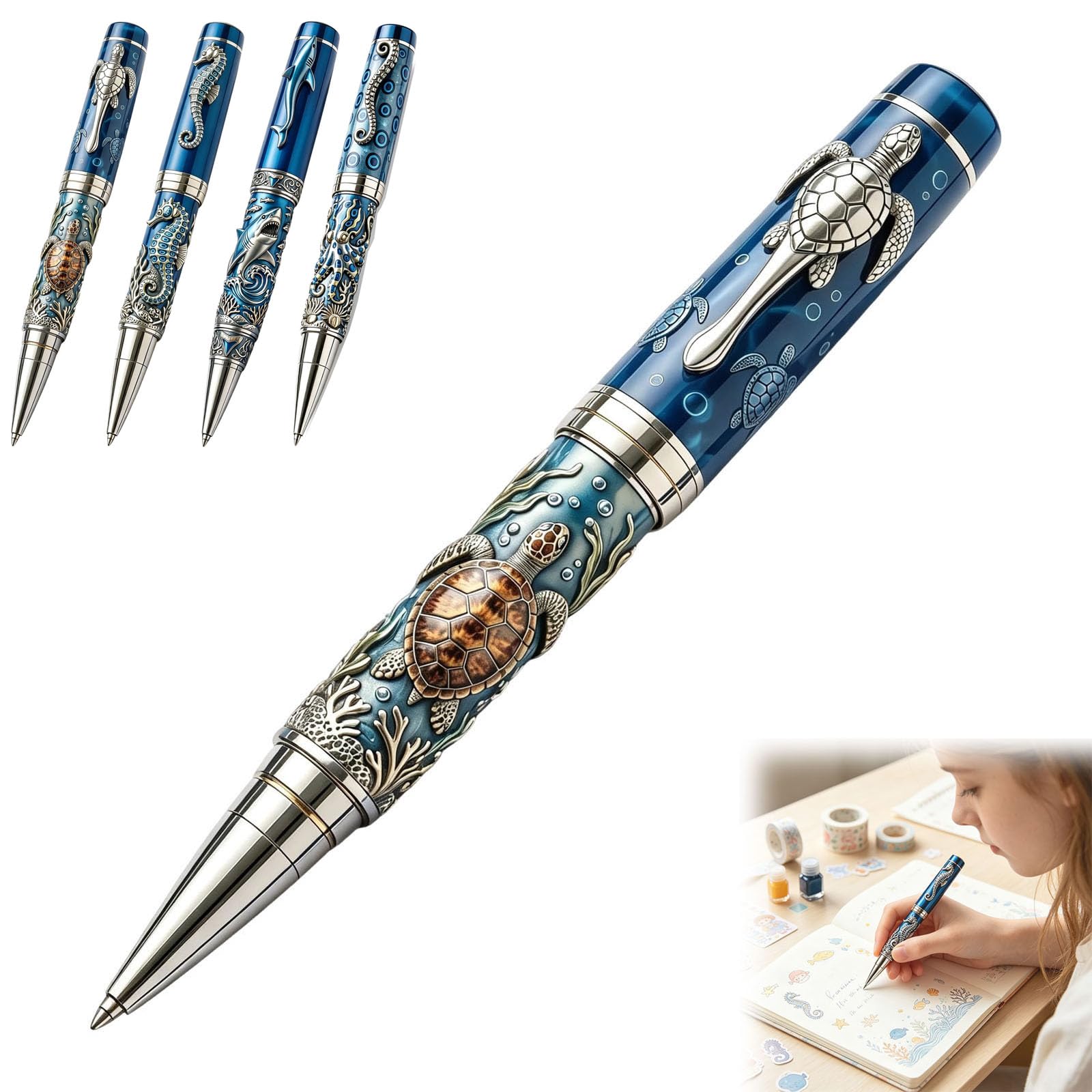 Sea Animal Metal Rollerball Pen,Vintage Blue Ringed Octopus Pen，Sea turtle