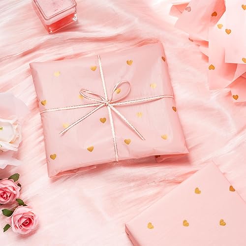Miniatura 5 de LeZakaa 20 hojas de papel de seda para el día de San Valentín, rosa con patrón de corazón dorado, papel de seda de regalo para bodas, aniversarios,