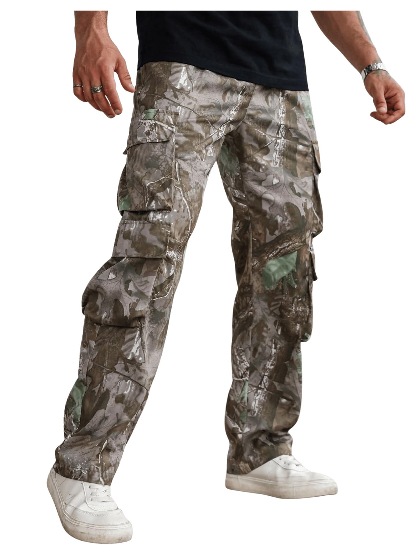 Verdusa Mens Camo Cargo Pants Straight Leg Drawstring Waist Long Trousers with Multi Pockets