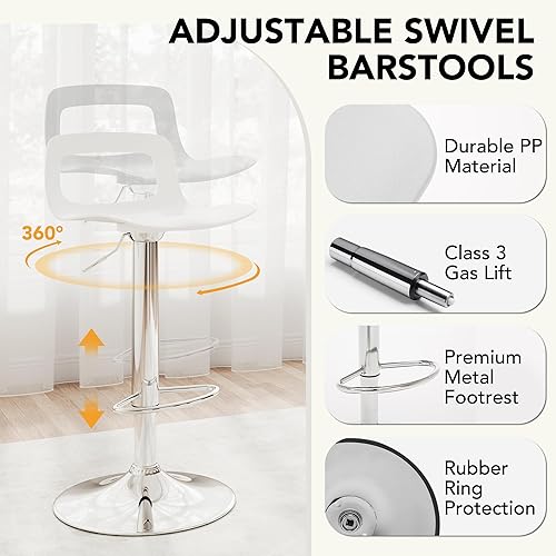 Miniatura 3 de thksbought Juego de 4 taburetes de bar, taburetes de bar giratorios de plástico ajustables, taburetes modernos con respaldo abierto y reposapiés,