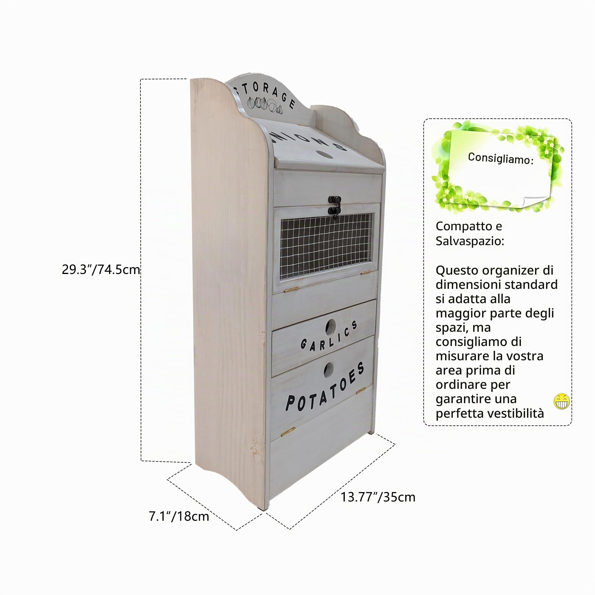 ARTAWEIN Contenitore per verdure in legno di pino per patate, cipolle e 1 cassetto per aglio e verdure, per la conservazione della cucina, contenitore per verdure in legno massiccio, 35 cm di