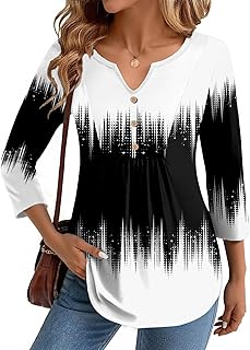 Womens 3/4 Length Sleeve Tops V Neck Dressy Casual T Shirts Pleated Business Work Blouses Basic Tees S-3XL
