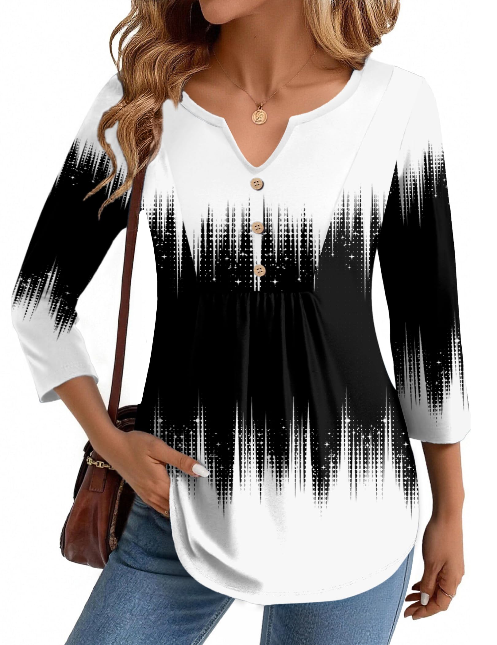 Zeagoo Womens 3/4 Sleeve V Neck Tops Dressy Casual Pleated T Shirts