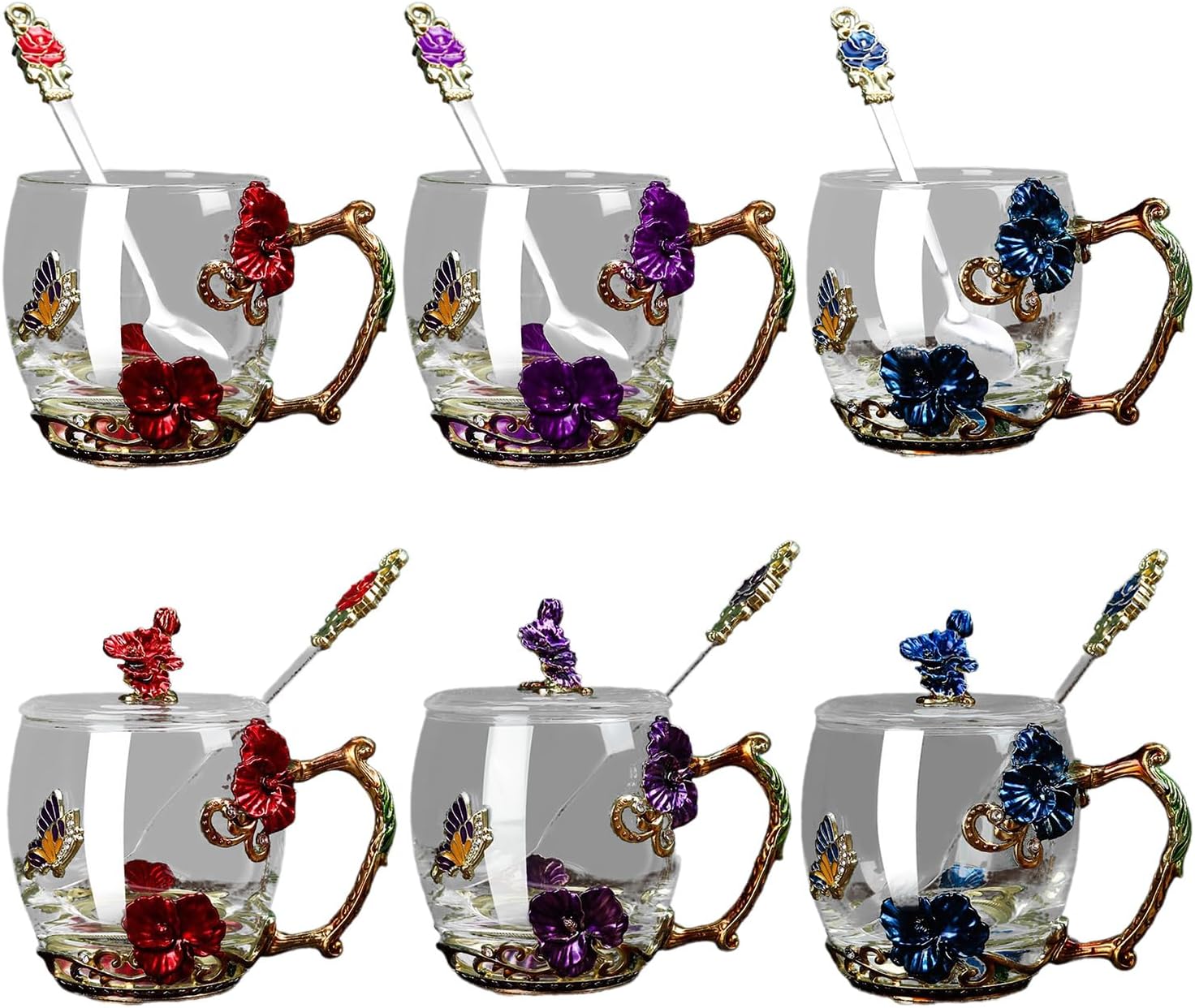 Glass Cup Gift Set Butterflies Enameled Mugs Flowers Adorned Water with Spoon Delicate Butterflies Flower Enameled Glasses