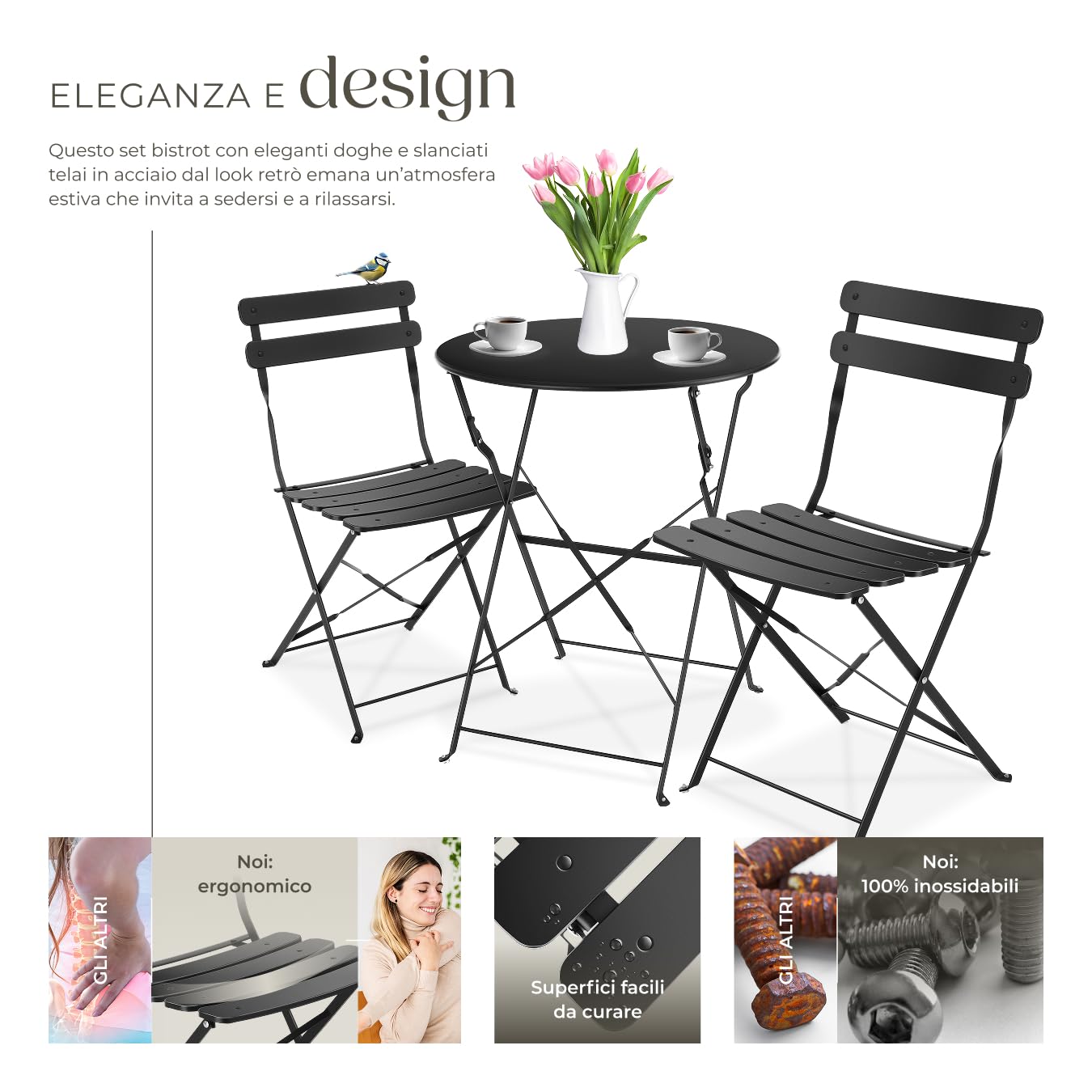 Tectake Set Bistrot Pieghevole per 2 Persone Telaio Acciaio Tavolo e Sedie Giardino Nero