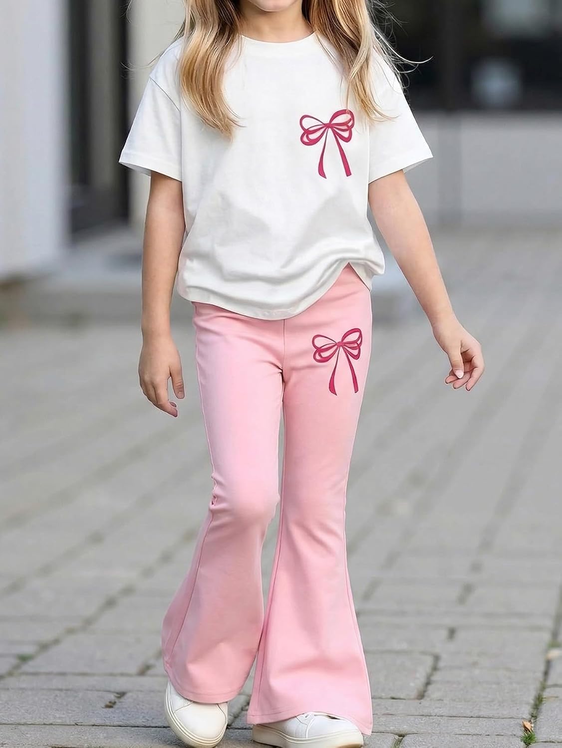 Girls Long Sleeve Sweatshirt 2 Piece, Bow Graphic Top and Pants Spring Fall Fashion Casual Clothes.