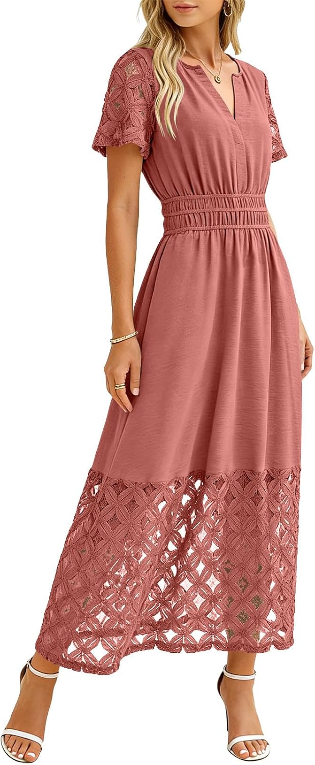 Women's V Neck Lace Patchwork Maxi Dress Short Sleeve High Waist Loose Fit Dress Summer Elegant Vacation Dresses