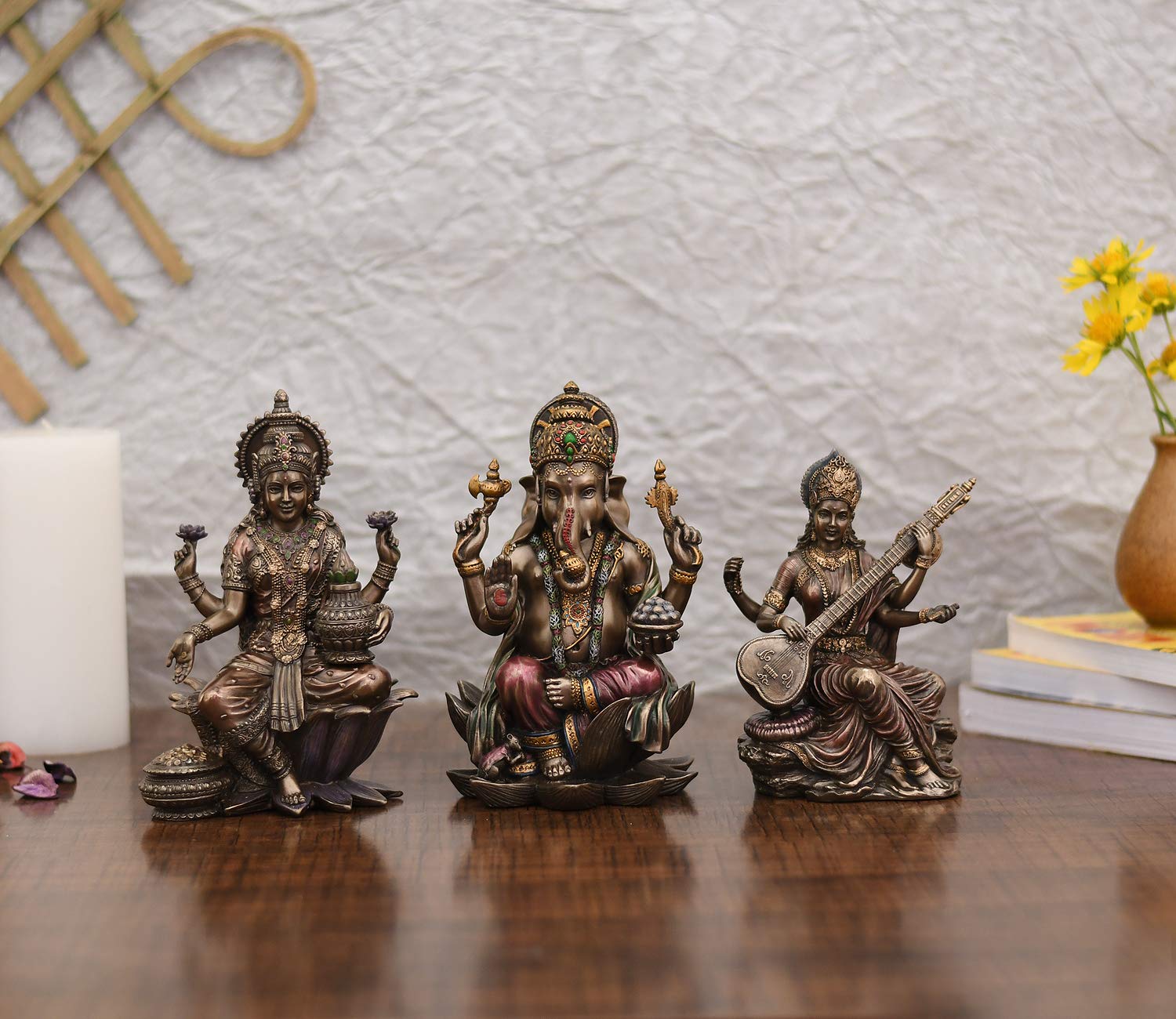 Collectible India Set of 3 Lakshmi Ganesha Saraswati Idol Religious Laxmi Ganesh Statue Murti Puja Gift, Bronze, 8'' x 5'', LGMAS103