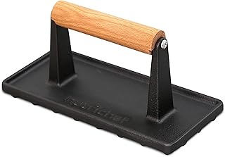 NutriChef Cast Iron Grill Press, Heavy-Duty Smash Burger Press with Beech Wood Handle, Reduces Cooking Time, Ideal Meat Press for Steaks, Sandwiches & More, Safe for Gas, Electric & Induction, 9"x4"