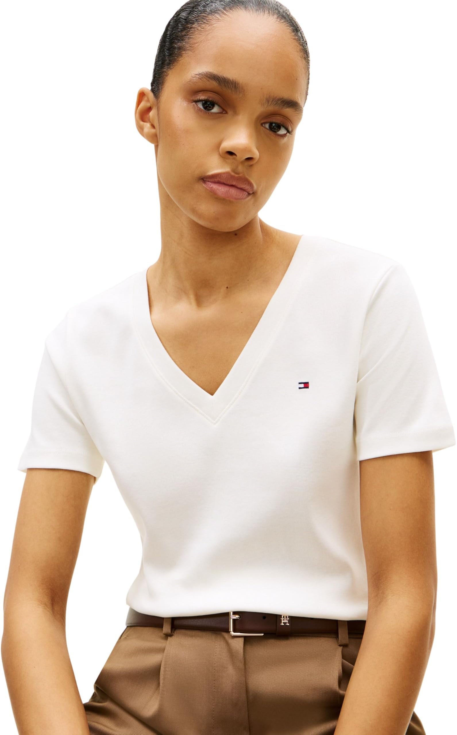 Tommy Hilfiger Donna T-Shirt Maniche Corte New Slim Cody con Scollo a V