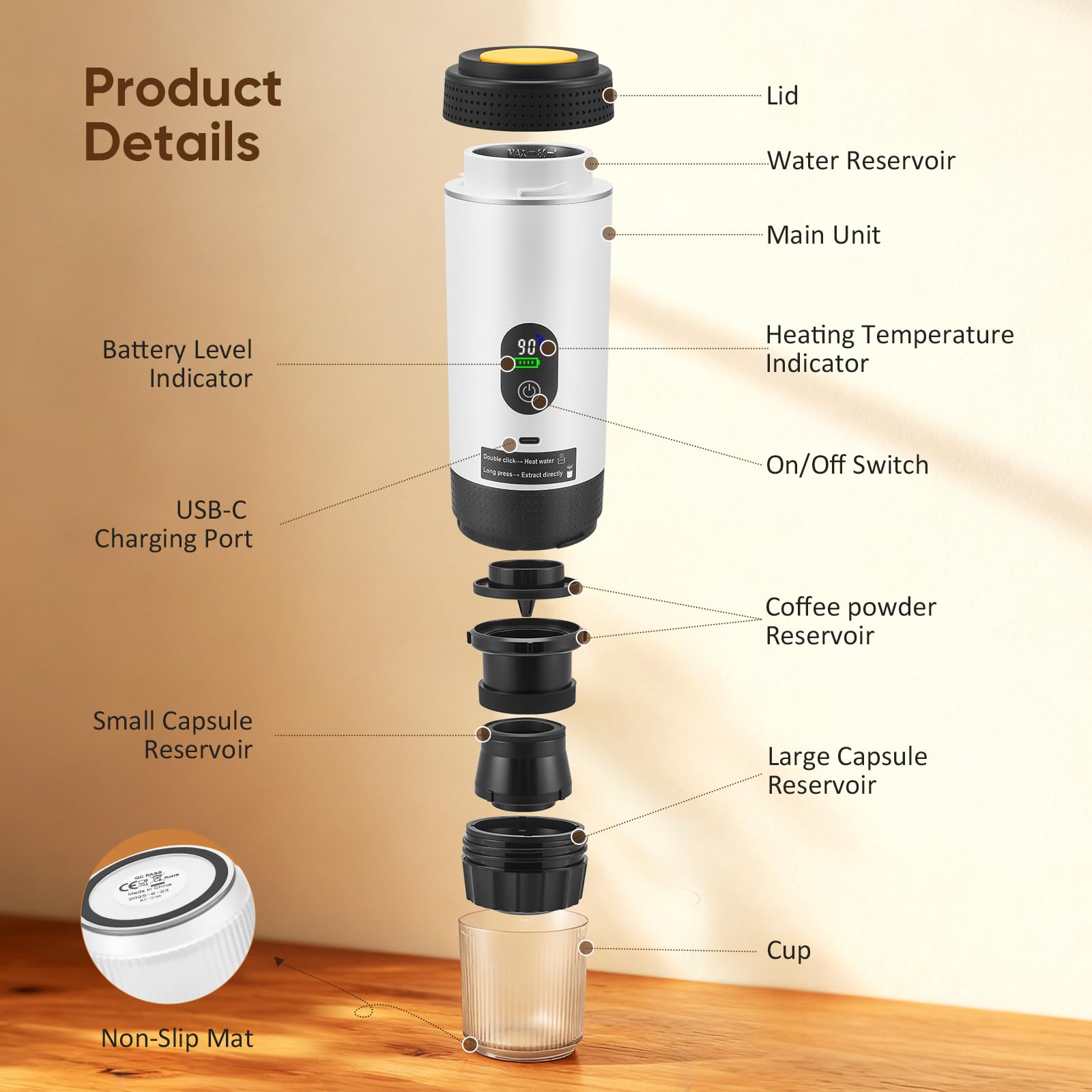 Machine à Café Portable 3 en 1 avec Batterie, Machine à Espresso USB-C pour Voiture, Compatible avec Capsules et Café Moulu, Gadget pour Camping-Car et Cadeau Camping, Blanc