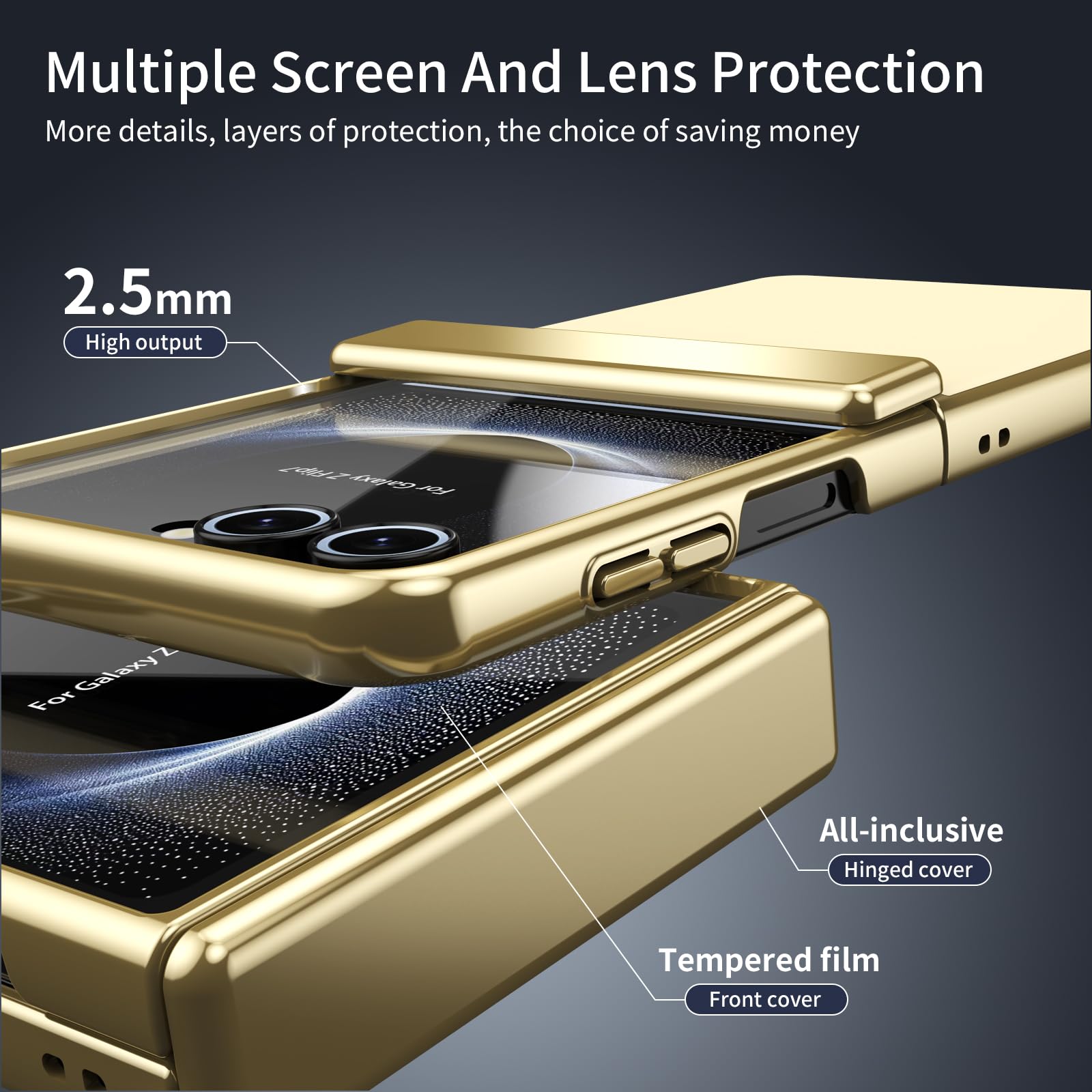 COQUE Funda para Samsung Flip 7,Carcasa con película Protectora integrada, bisagra Dorada galvanizada, Cubierta Completa,Funda Plegable para Samsung Galaxy Z Flip 7 5G-Dorado