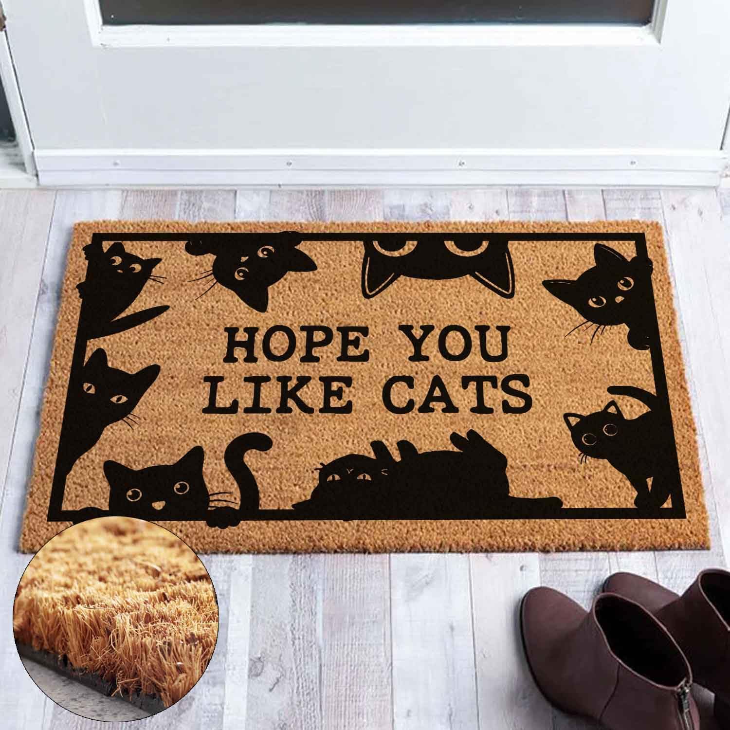 Funny Coir Doormat Hope You Like Cats Theme Welcome Front Porch Patio Decor Doormat for The Entrance Way Outdoor Personalized Rug Heavy-Duty Non Slip Outdoor Coir Gift Doormat 23.6x15.7inch