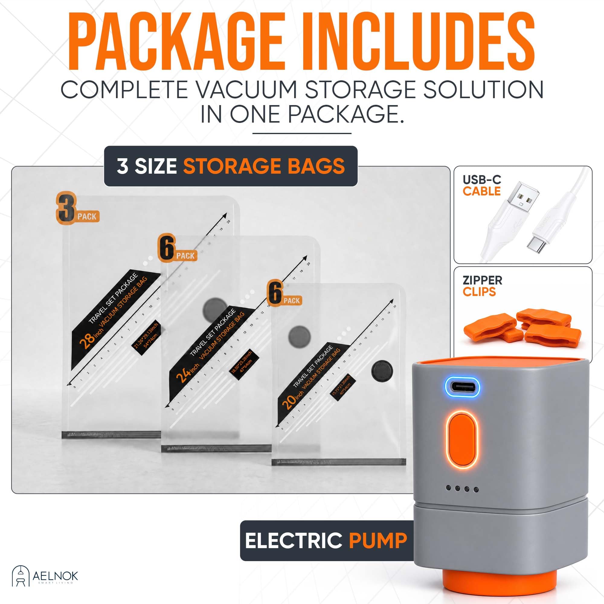 Vakuum-Aufbewahrungsbeutel mit USB-wiederaufladbarer elektrischer Pumpe, Vakuumbeutel für Kleidung, Kompressions-Verpackungsbeutel für Reisen, 4500Pa schnurlos, 6 klein, 6 mittel, 3 groß, platzsparend