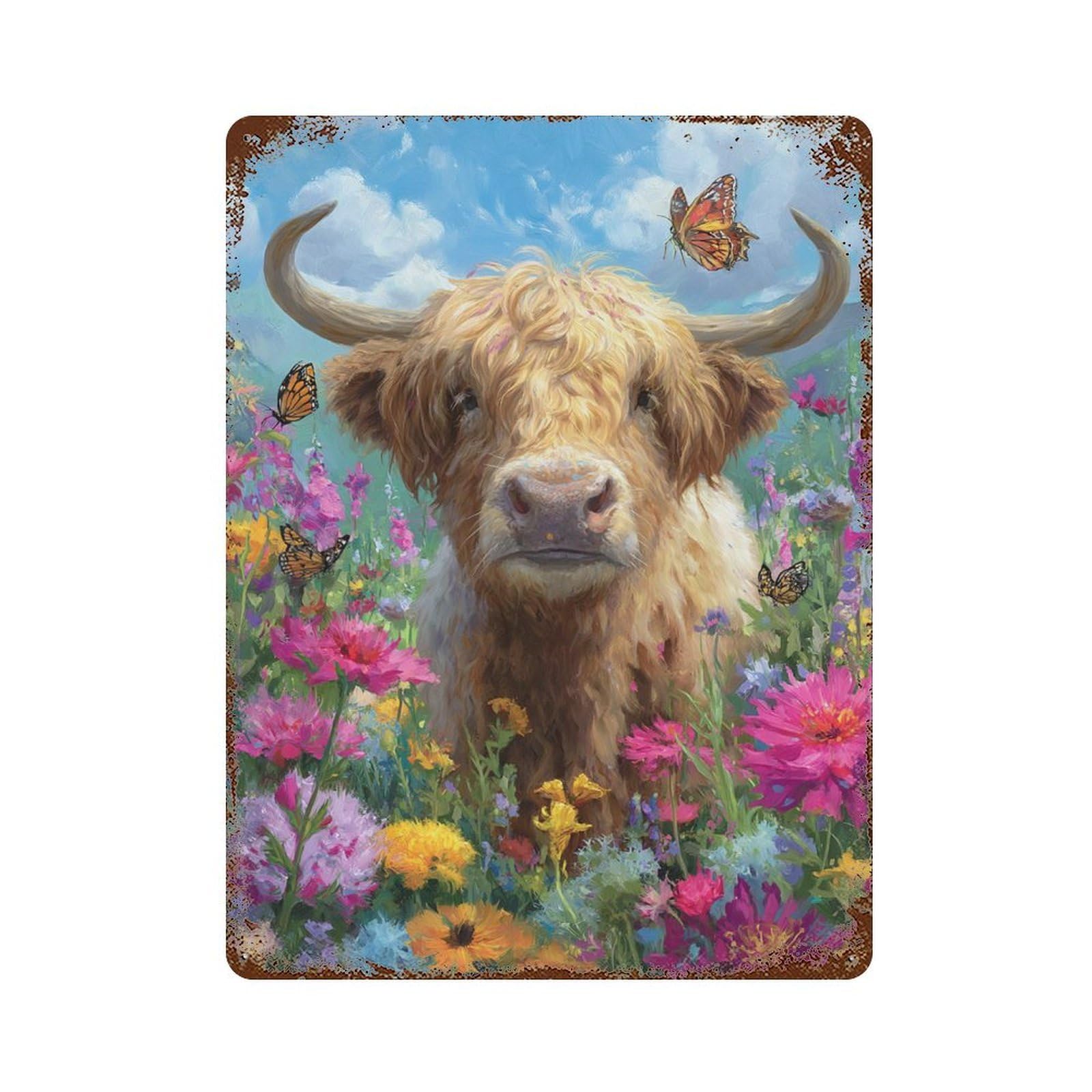 Distressed Metal Wall Sign Highland Cow in Flowers-6 15.7"x11.8", Rustic Home Decor for Farmhouse, Kitchen And Entryway Decor