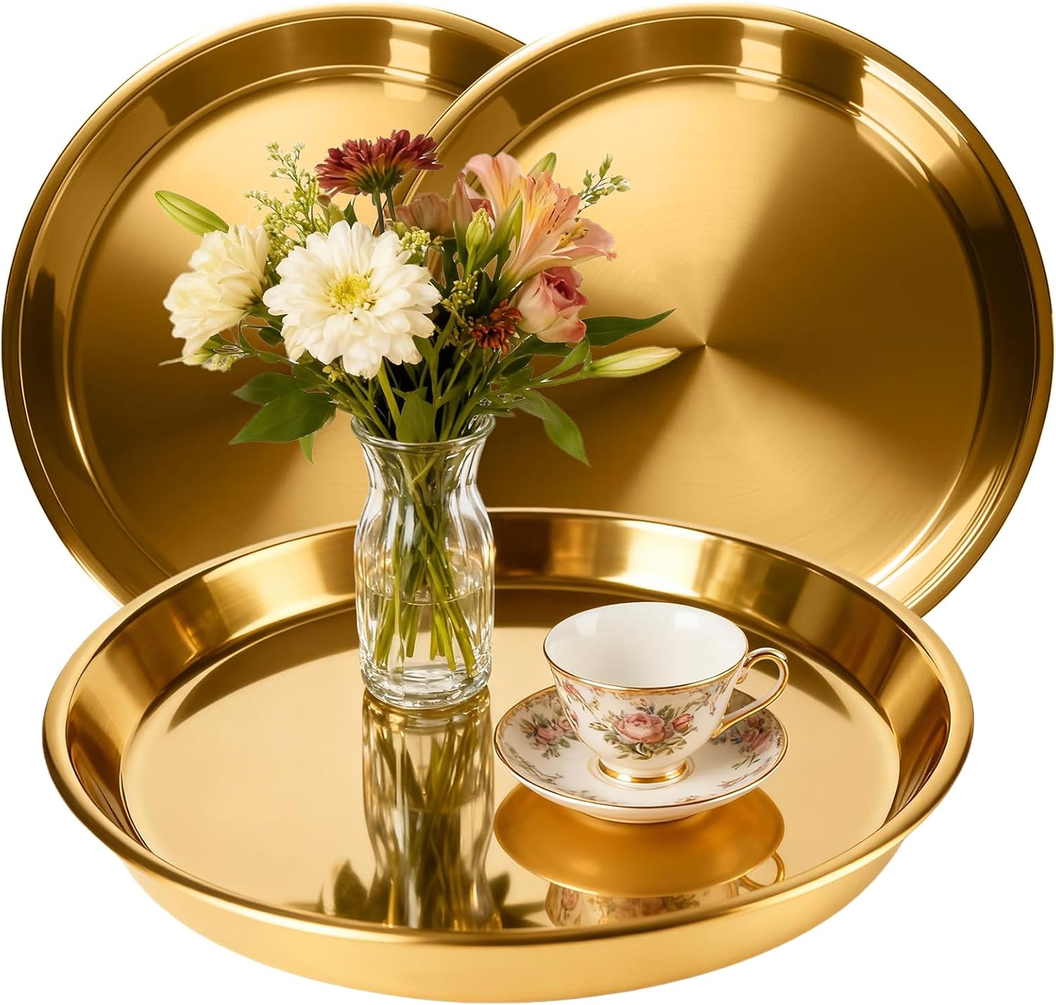 Gold Round Serving Tray, 15", 3 Pack