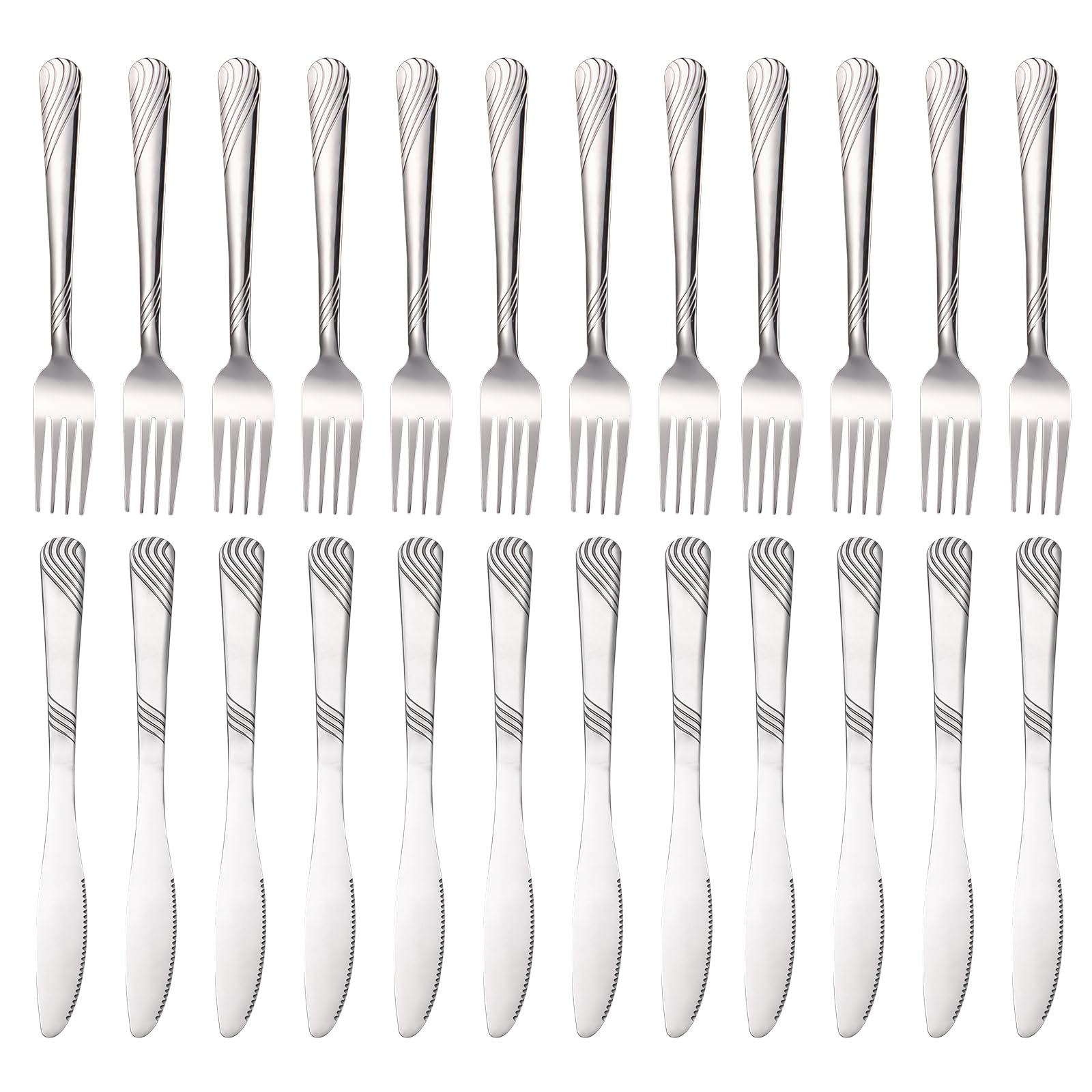 Coltelli e forchette da bistecca in acciaio inossidabile: set di posate da bistecca lucidate a specchio con 12 coltelli e 12 forchette, set di Coltello e Forchetta per casa, ristorante(argento)