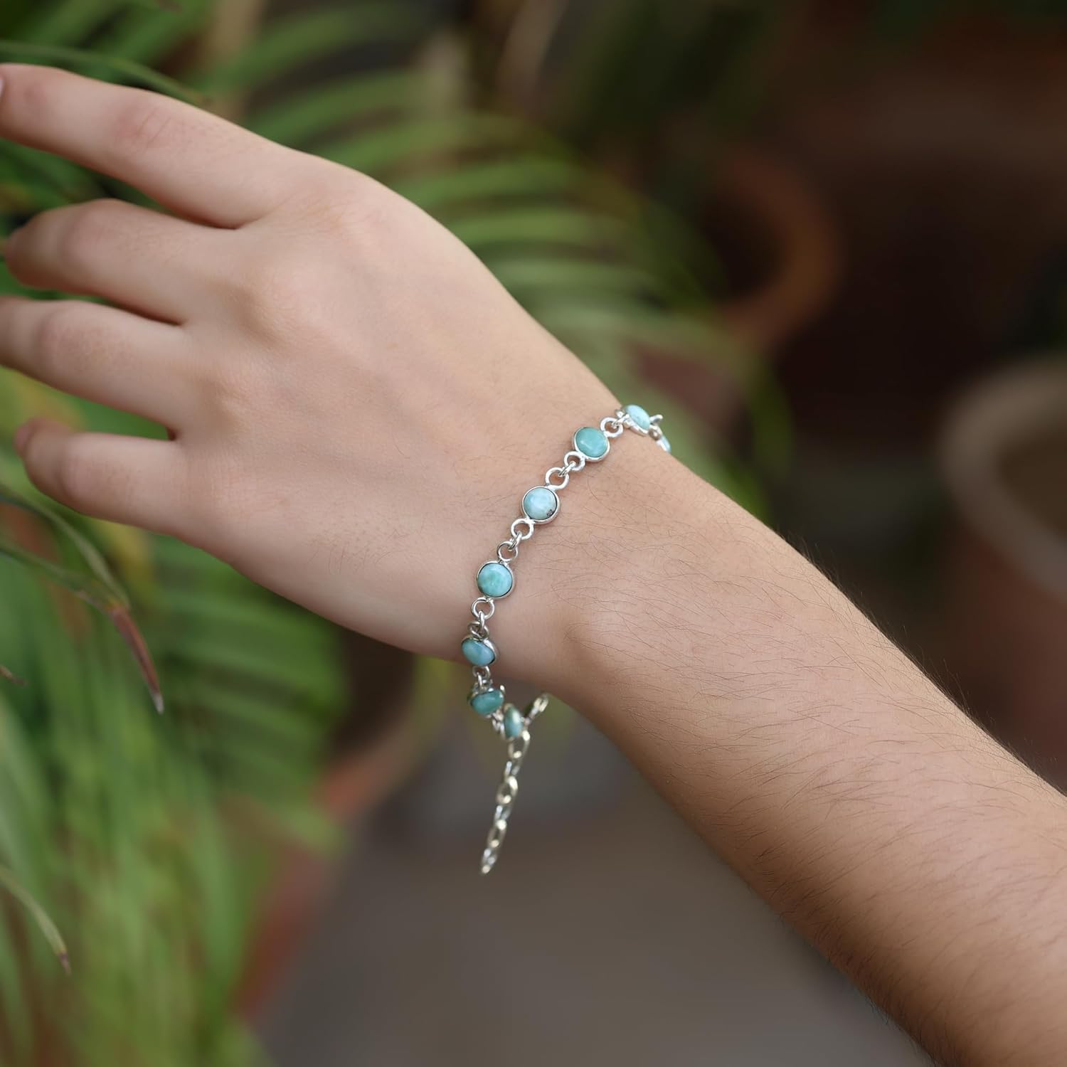Larimar Cabochon 7mm Bracelets 925 Silver for Women - Gemstone Adjustable Handmade Link Bracelets for Women