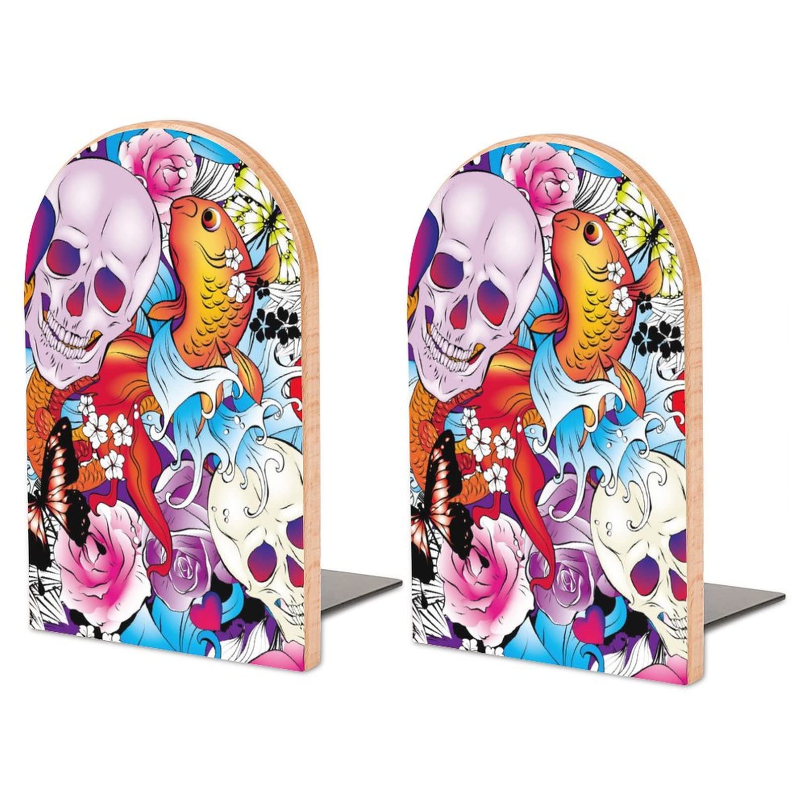 Pack Of 2 Bookend Hearts Skull Flowers And Butterflies Carps Pattern Non-Slip Book Stand Wooden Bookshelf Books Holder For Home Desk Office Library