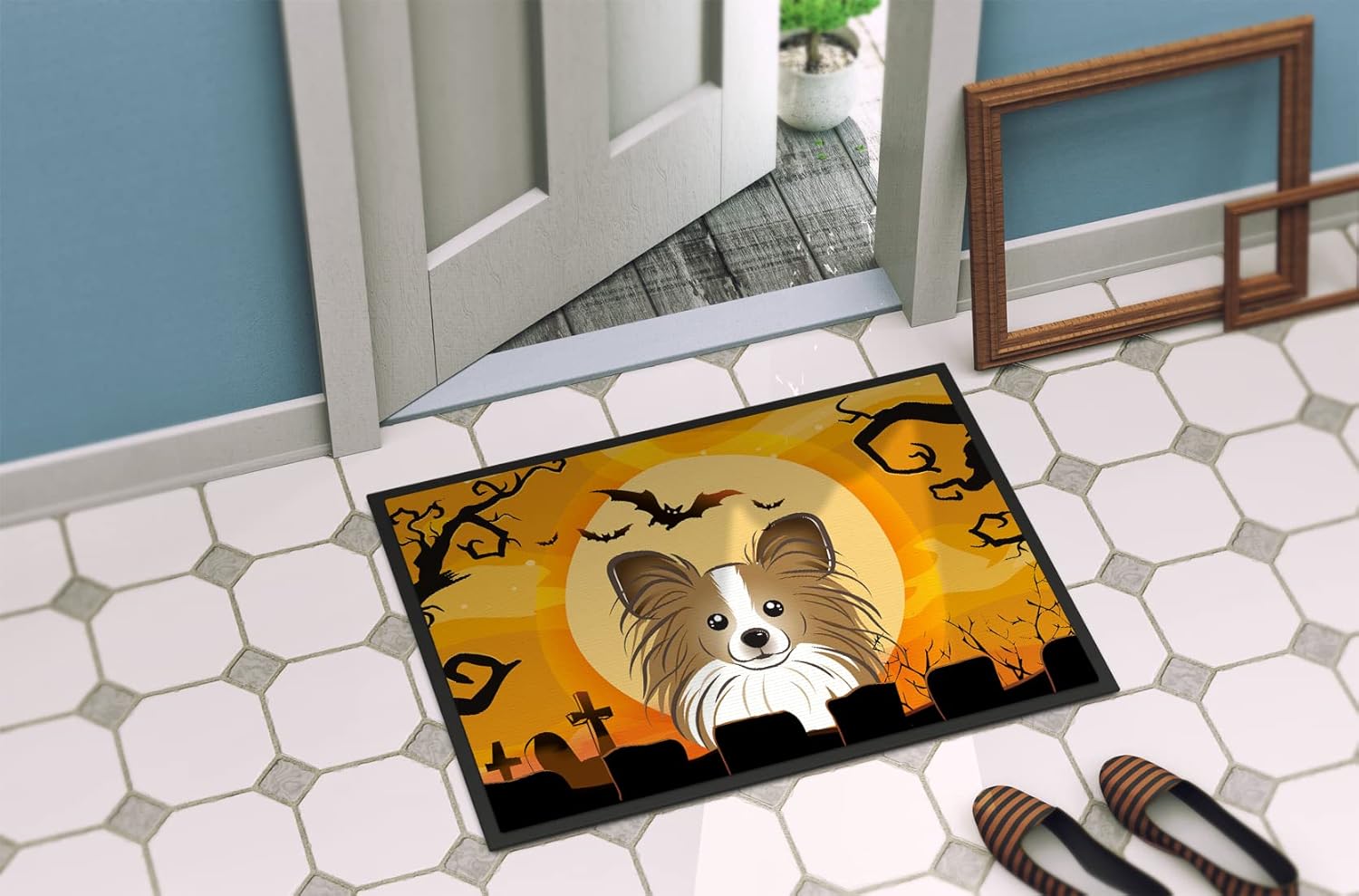 Caroline's Treasures BB1806MAT Halloween Papillon Doormat 18x27 Front Door Mat Indoor Outdoor Rugs for Entryway, Non Slip Washable Low Pile, 18H X 27W