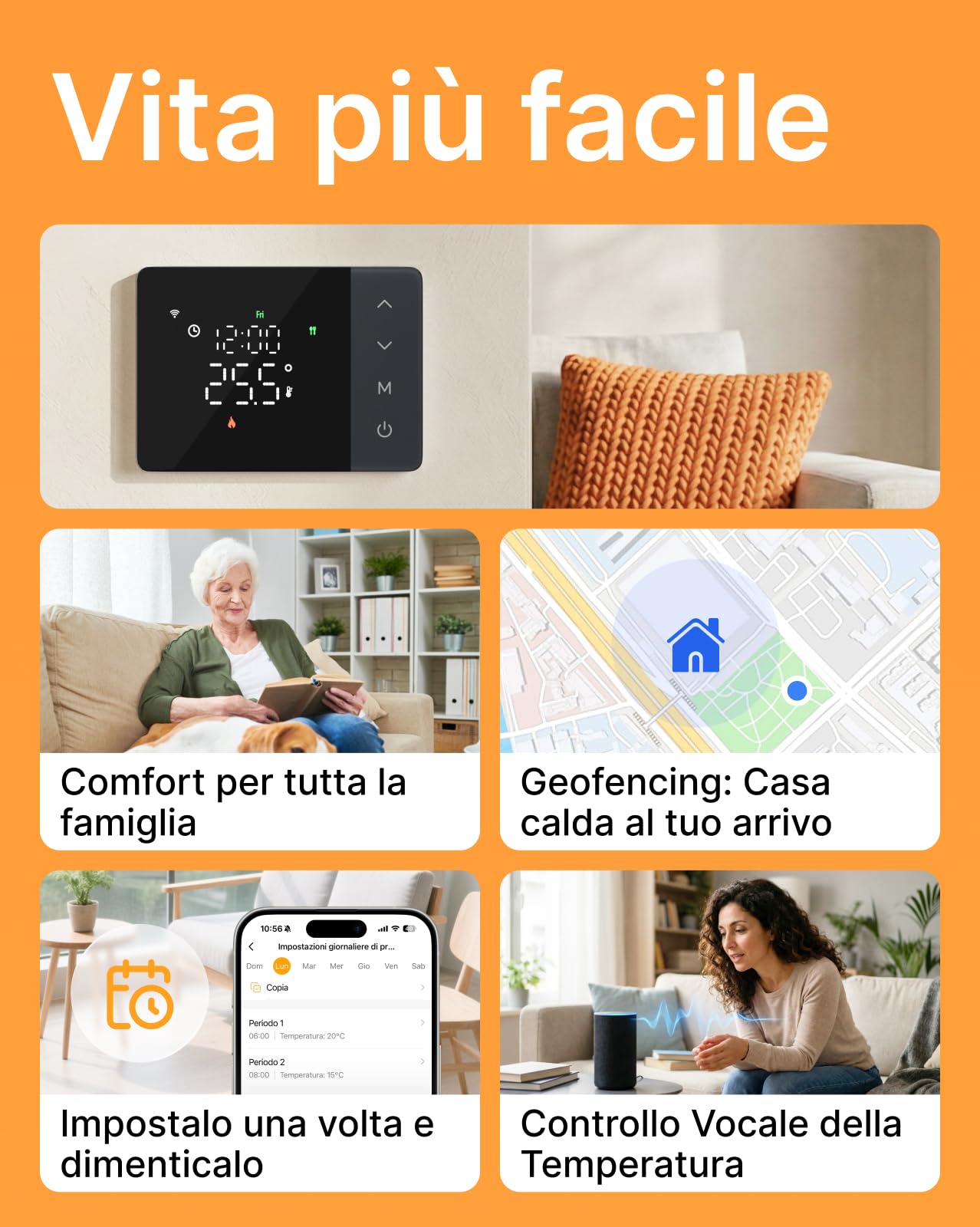 Cronotermostato WiFi a Batteria EZAIoT – Caldaia Gas, Scatola 502/503, Programmazione 7×6, NO/NC, 2.4GHz, Controllo Vocale Alexa/Google, Tuya APP, Nero