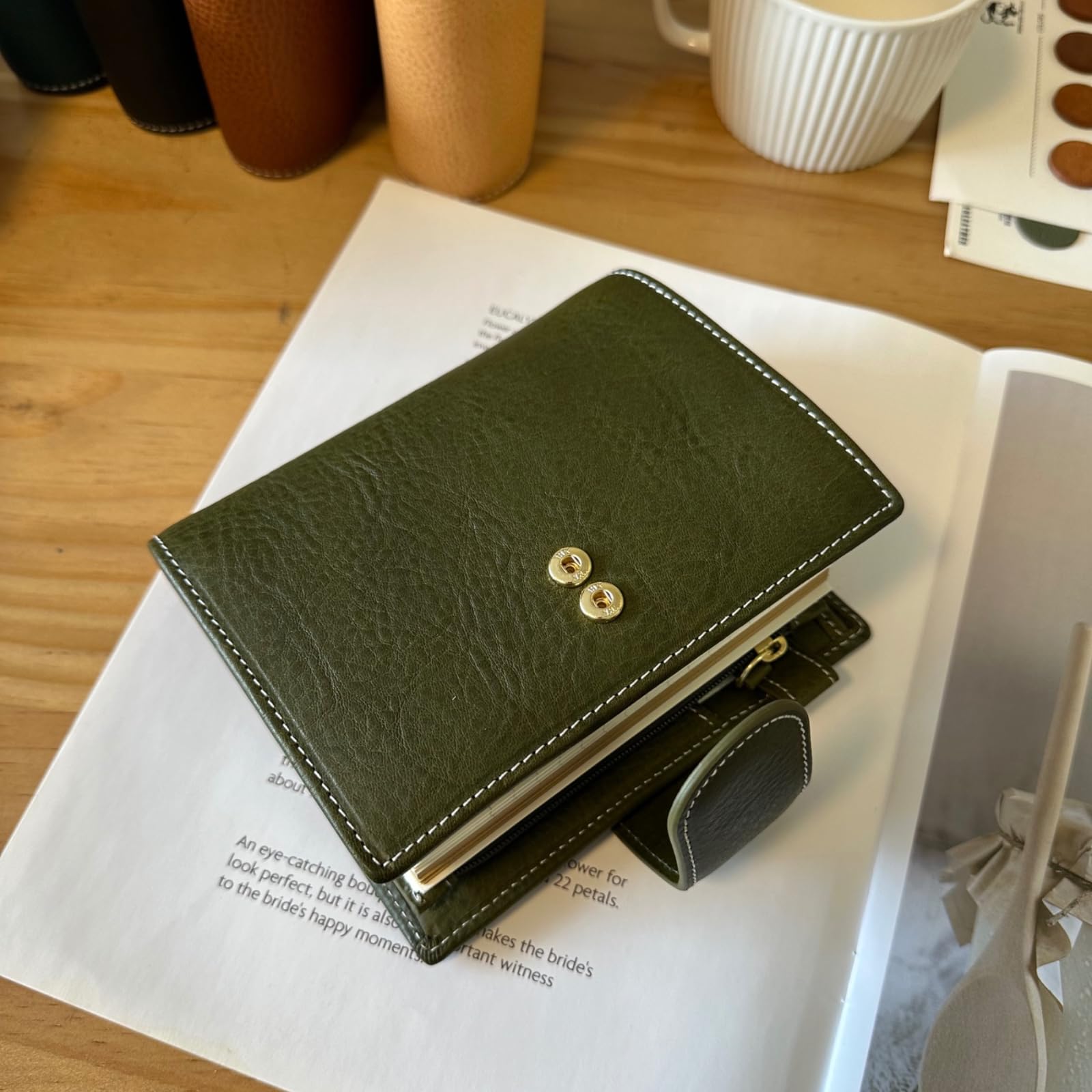 Burxxong A7 Organizer Minerva Box - Quaderno in Vera Pelle, Planner con Anelli Stalogy, Taccuino Tascabile con Raccoglitore da 25MM, Mini Agenda Diario (Verde Oliva)