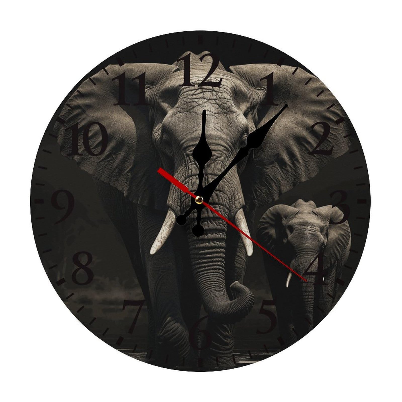 QMNLKH Elephant Black Wall Clock for Home, Battery Operated Clock for Hotel, Round Wall Clock with Arabic Numerals Black, Easy to Read, Non-Ticking Clocks for Living Room 25 * 25cm