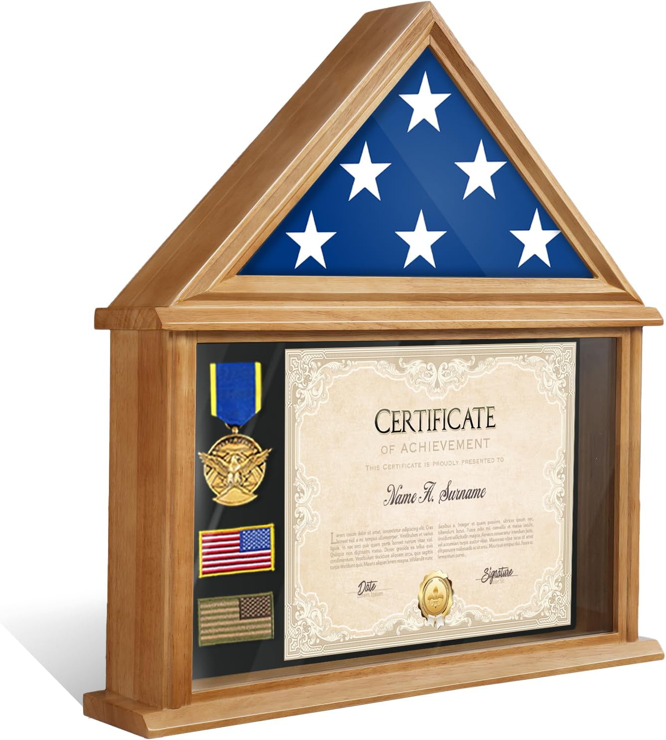 Flag Display Case for Small Flag, 3' x 5' American Flag Shadow Box with HD Tempered Glass and Wall Mount (Not for Burial Flag), Triangle Flag Holder Frame for Folded Flag - Mahogany