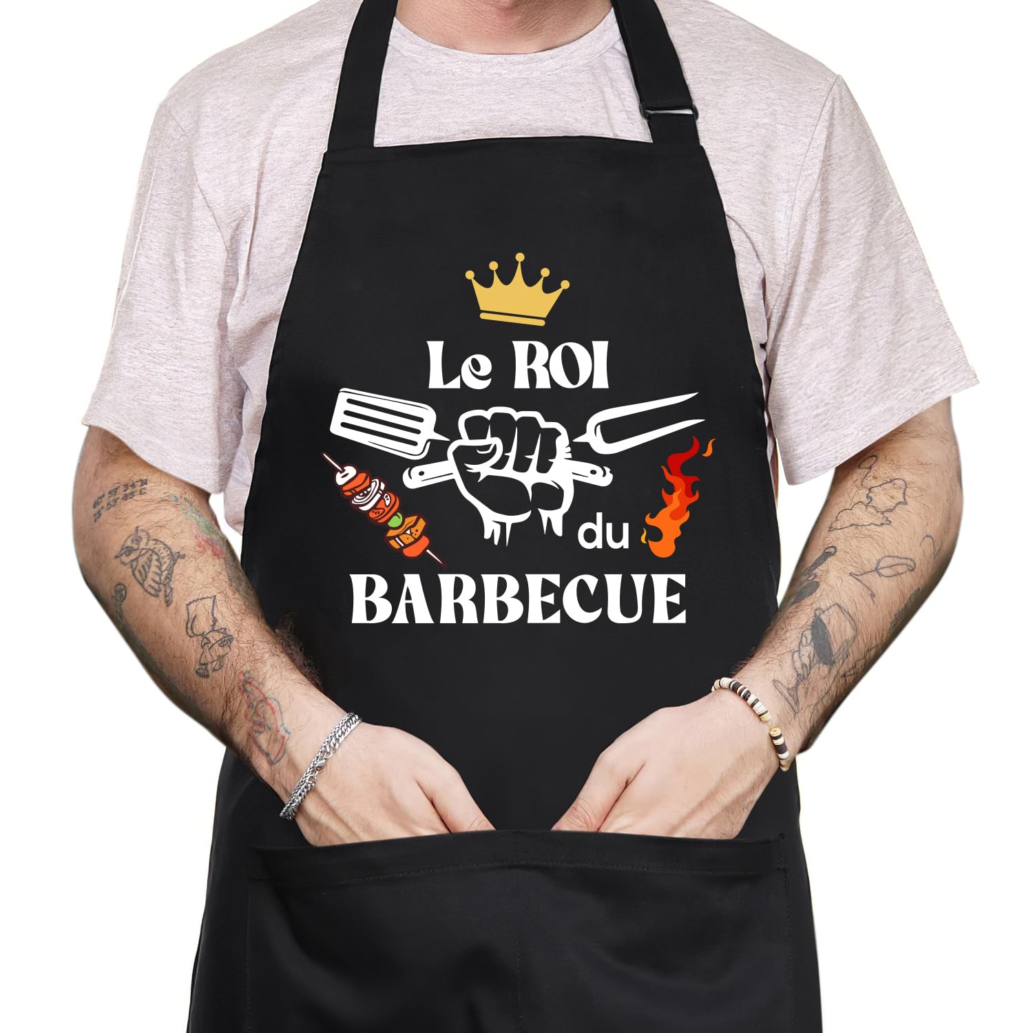 Tablier Cuisine Homme Personnalisé, Réglable Tablier Professionnel Humour Rigolo Drole Barbecue Bbq Noir, Tablier de Cuisine Coton Cadeau Fete Des Peres Saint Papa Valentin Noel