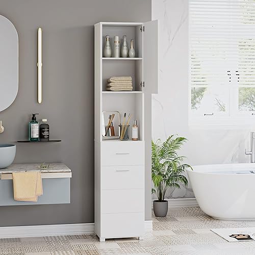 FOTOSOK Armario de almacenamiento de 71 pulgadas de alto, piso de esquina delgada con puerta, gabinete de baño independiente de 6 niveles para baño,