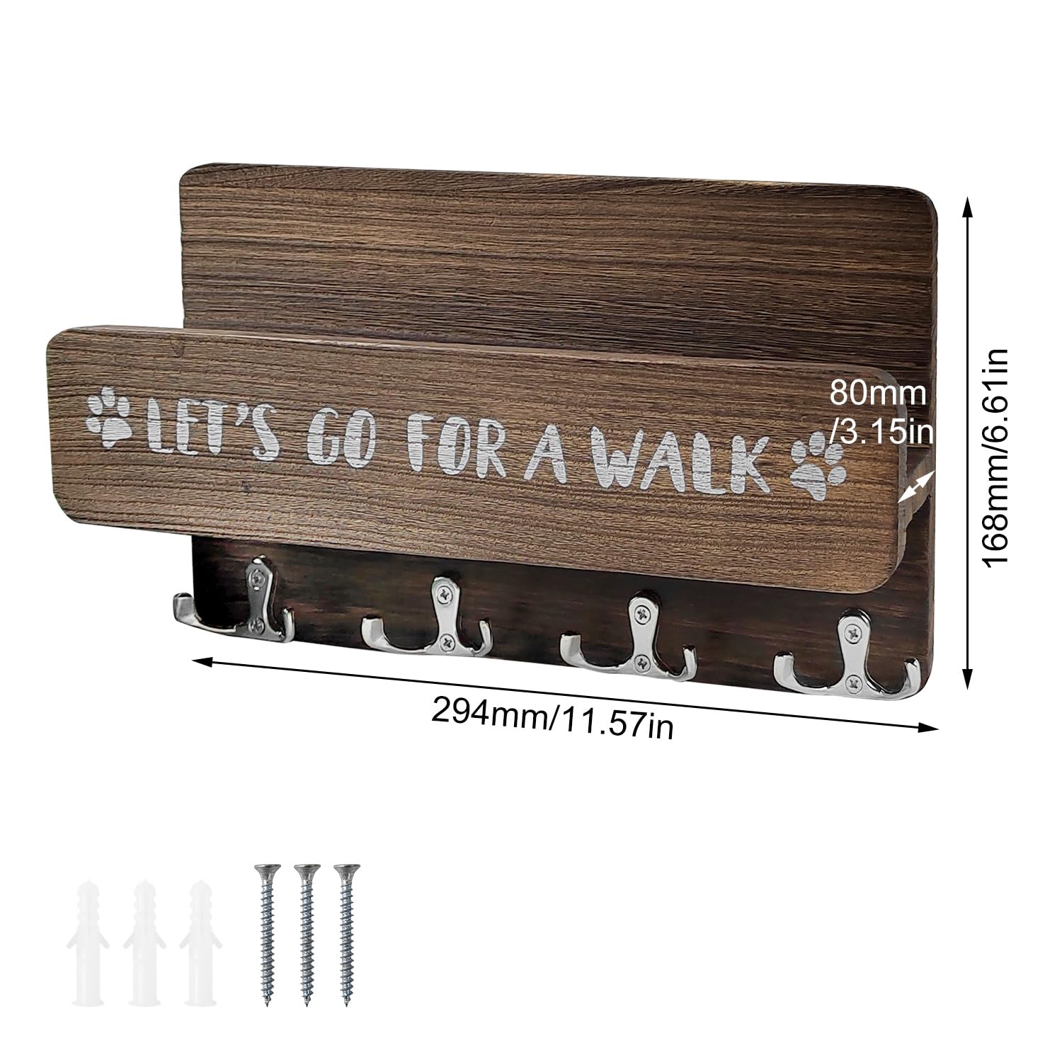 Portachiavi Da Parete Con 7 Ganci A Forma Di Zampa Di Cane - Organizer Da Ingresso In Metallo Con Scritta 'Let's Go For A Walk' - Include Tasselli - 3