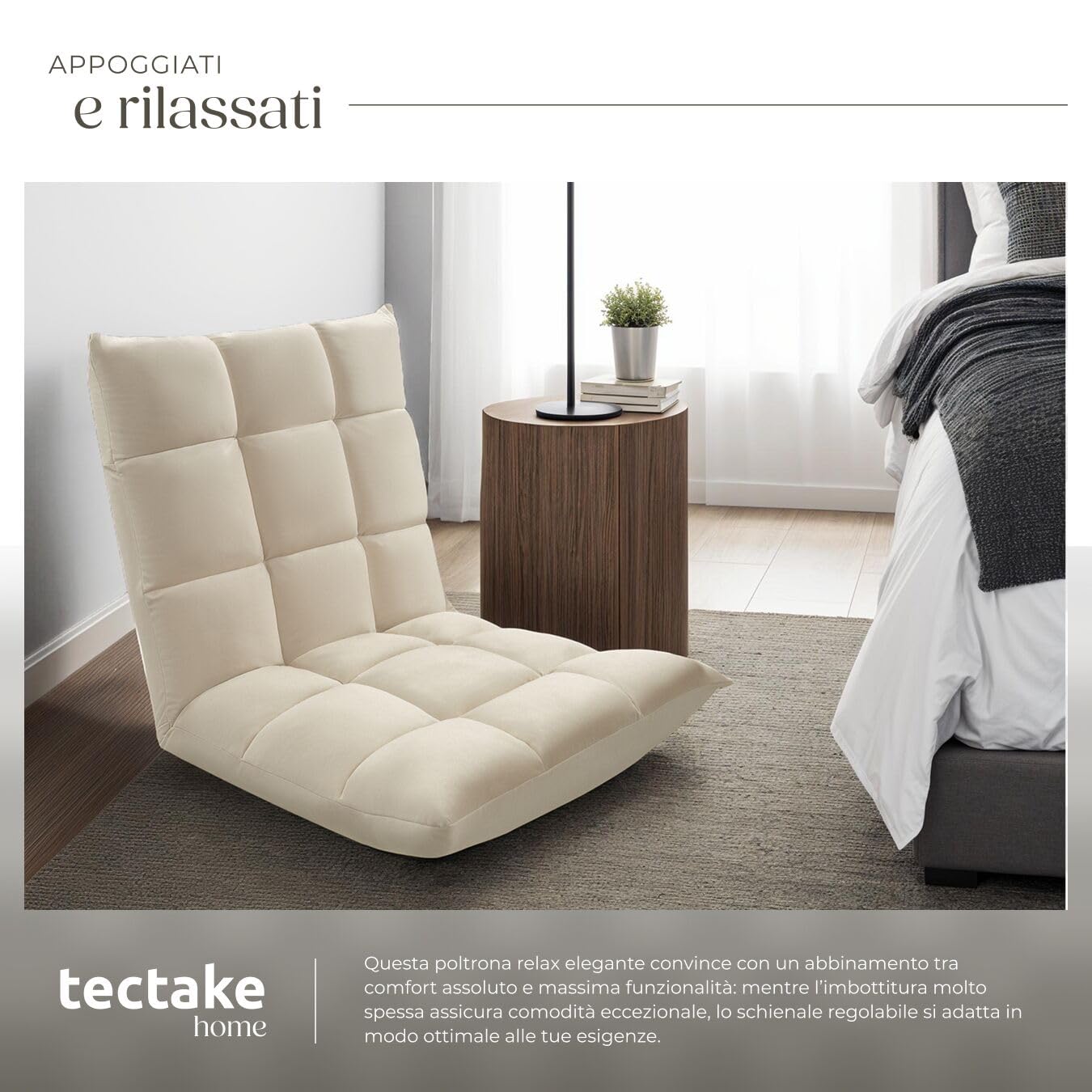 tectake® Poltrona Relax in Velluto, Poltrona Regolabile in 14 Posizioni, Imbottitura Spessa, Rivestimento Lavabile, Telaio in Acciaio, Ideale per Salotto, Camera da Letto, Ufficio - Beige