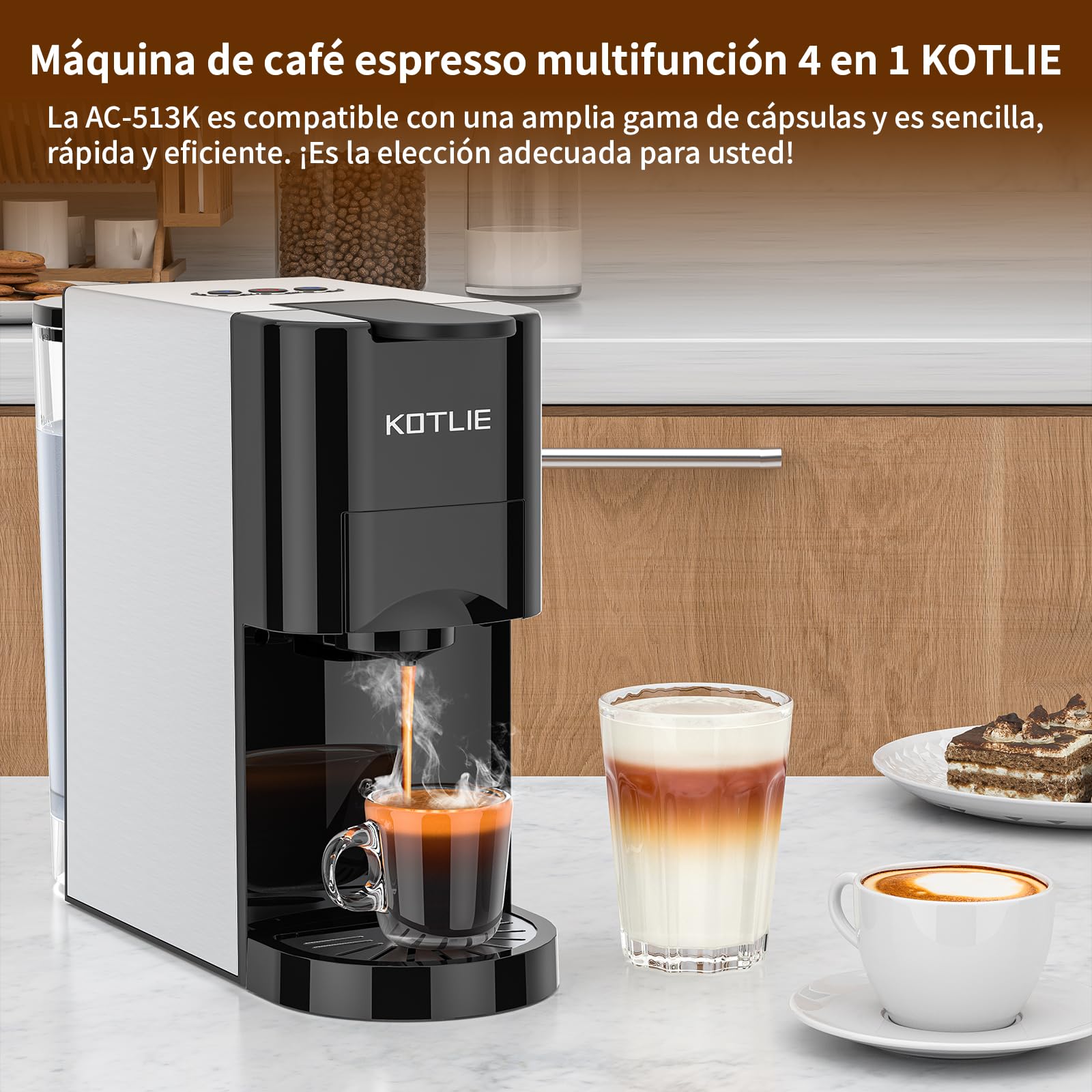 KOTLIE Express 4 en 1 Cafetière à capsules 19 bar haute pression Arrêt automatique Réservoir Cafetière expresso/cafetière capsules AC-513K (BLACK-EU)