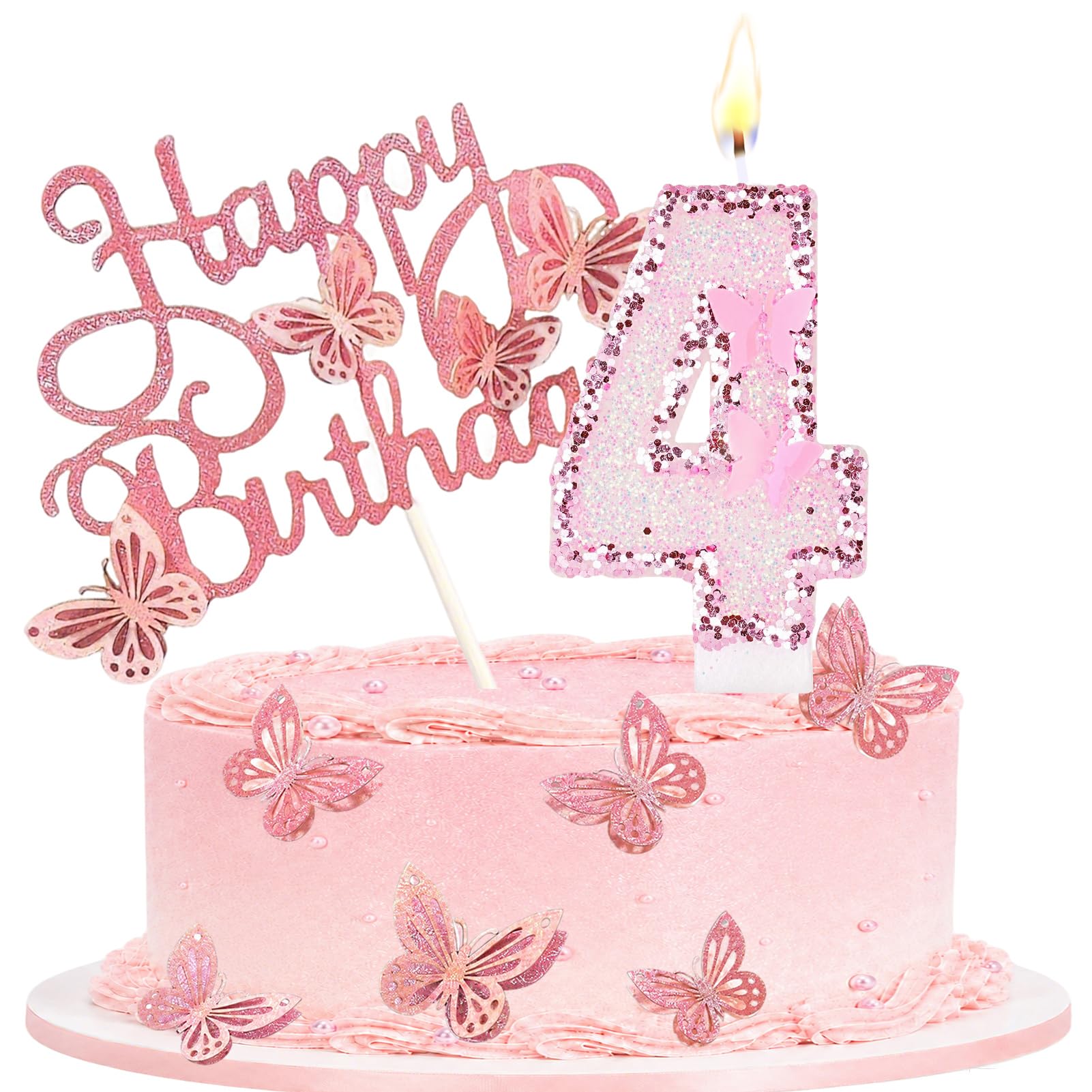 Number Birthday Candles with Pink Butterfly Cake Toppers, Glitter Happy Birthday Cake Decorations, Birthday Candles Gifts for Women Girls Birthday Party (Number 4)
