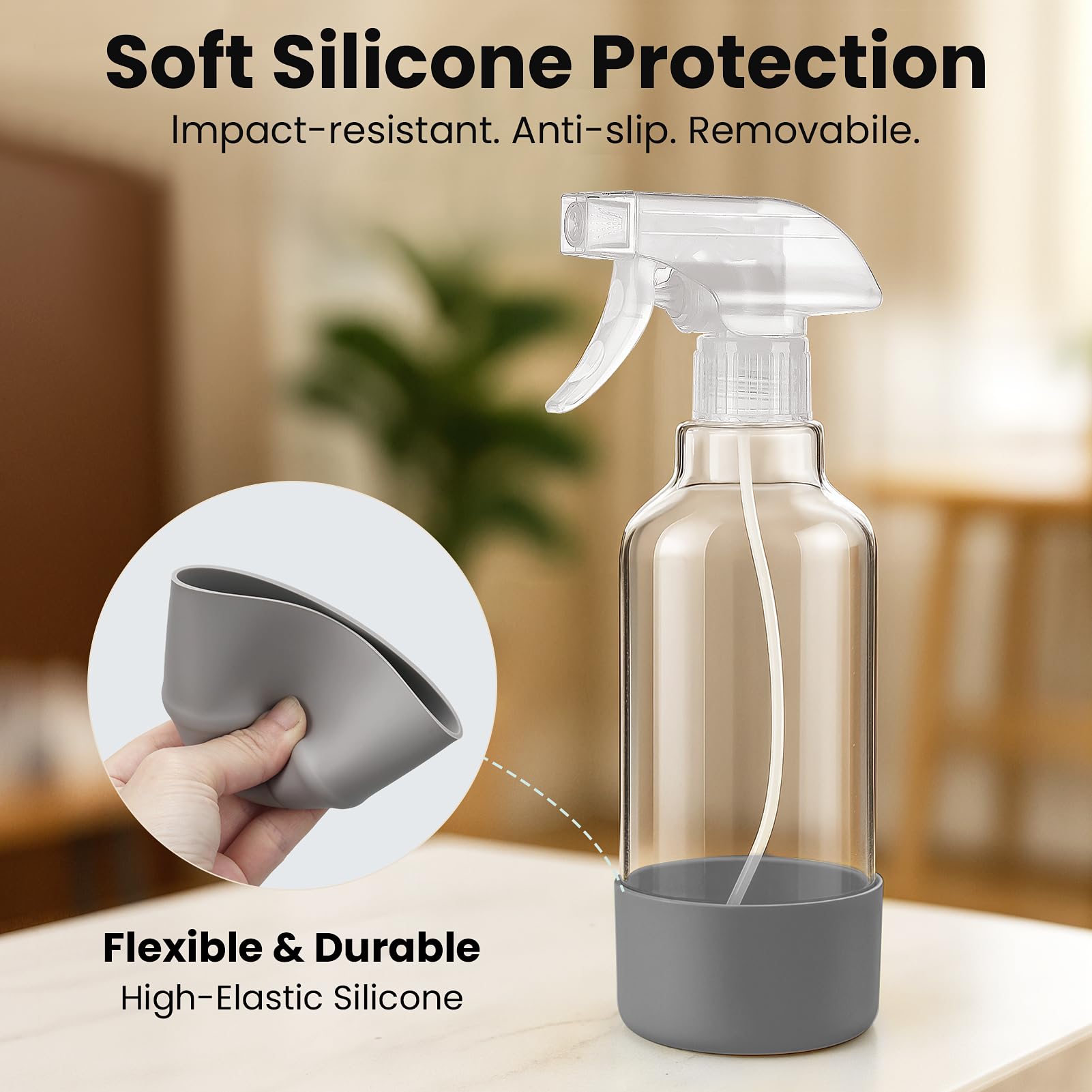 Lot de 2 vaporisateurs vides en verre avec manchon en silicone de 480 ml pour brume capillaire/pulvérisation de flux pour solutions de nettoyage, plantes, huiles essentielles (transparent-qblue