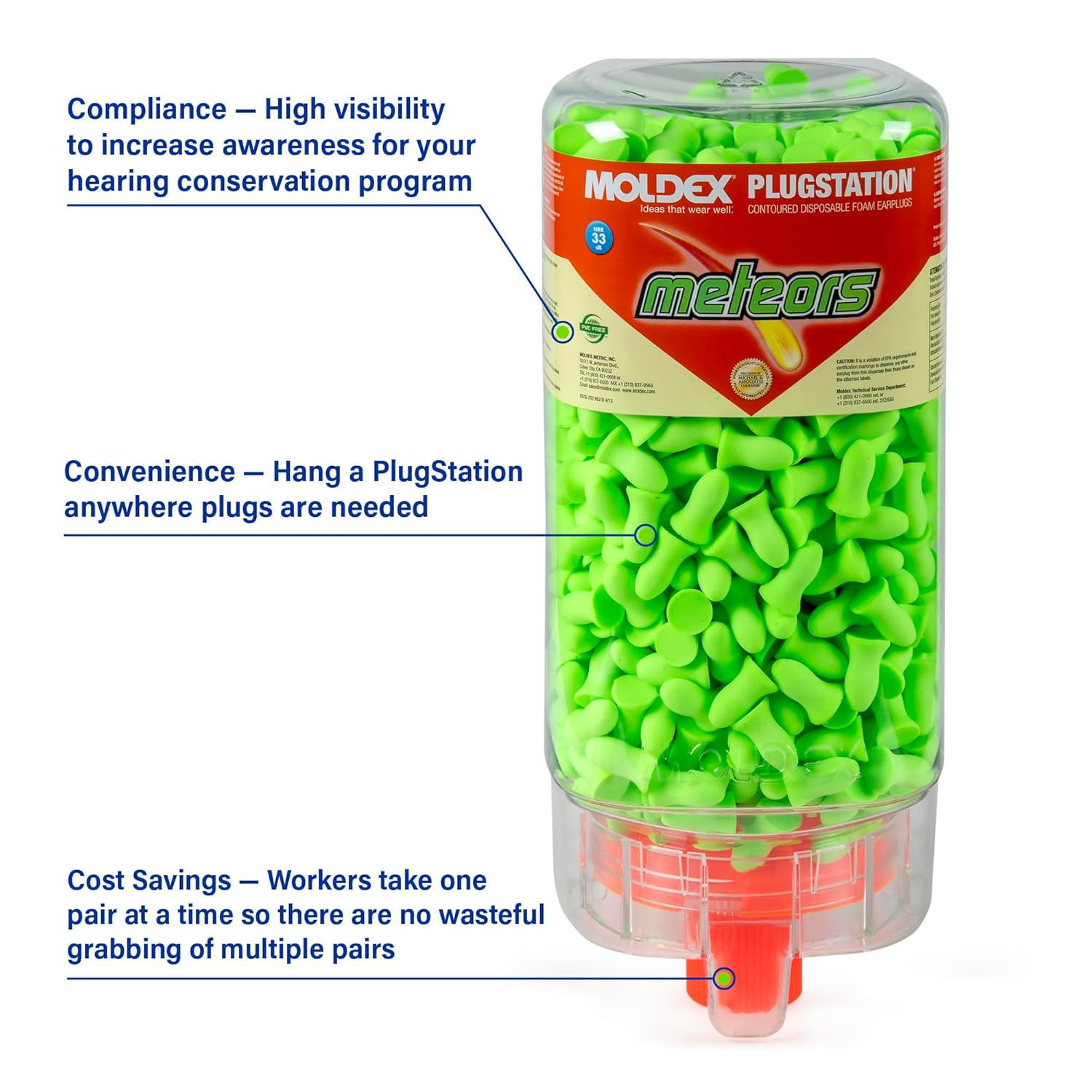 Moldex Meteors® PlugStation® Uncorded Disposable Foam Earplug Dispenser 6875, NRR 33dB