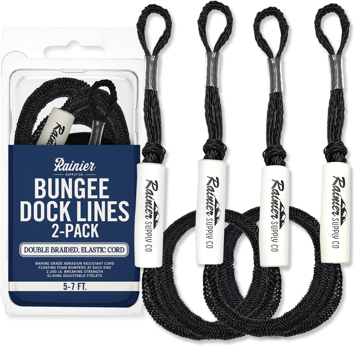 RainierSupplyCo Bungee Dock Line - 2 Pack Boat Dock Lines - 4-5.5ft, 5-7ft or 6-9ft Boating Ropes for Docking with Loop - Mooring Docklines and Boat Accessories for Pontoon, Jet Ski, Kayak, PWC