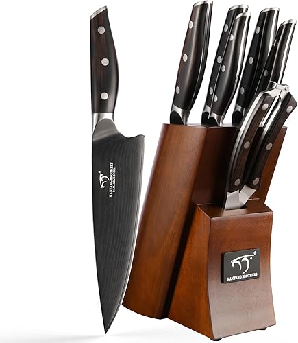 Miniatura 7 de Juego de cuchillos de damasco de 7 piezas con bloque de madera, cuchillos de cocina recubiertos de titanio negro para chefs profesionales y cocina