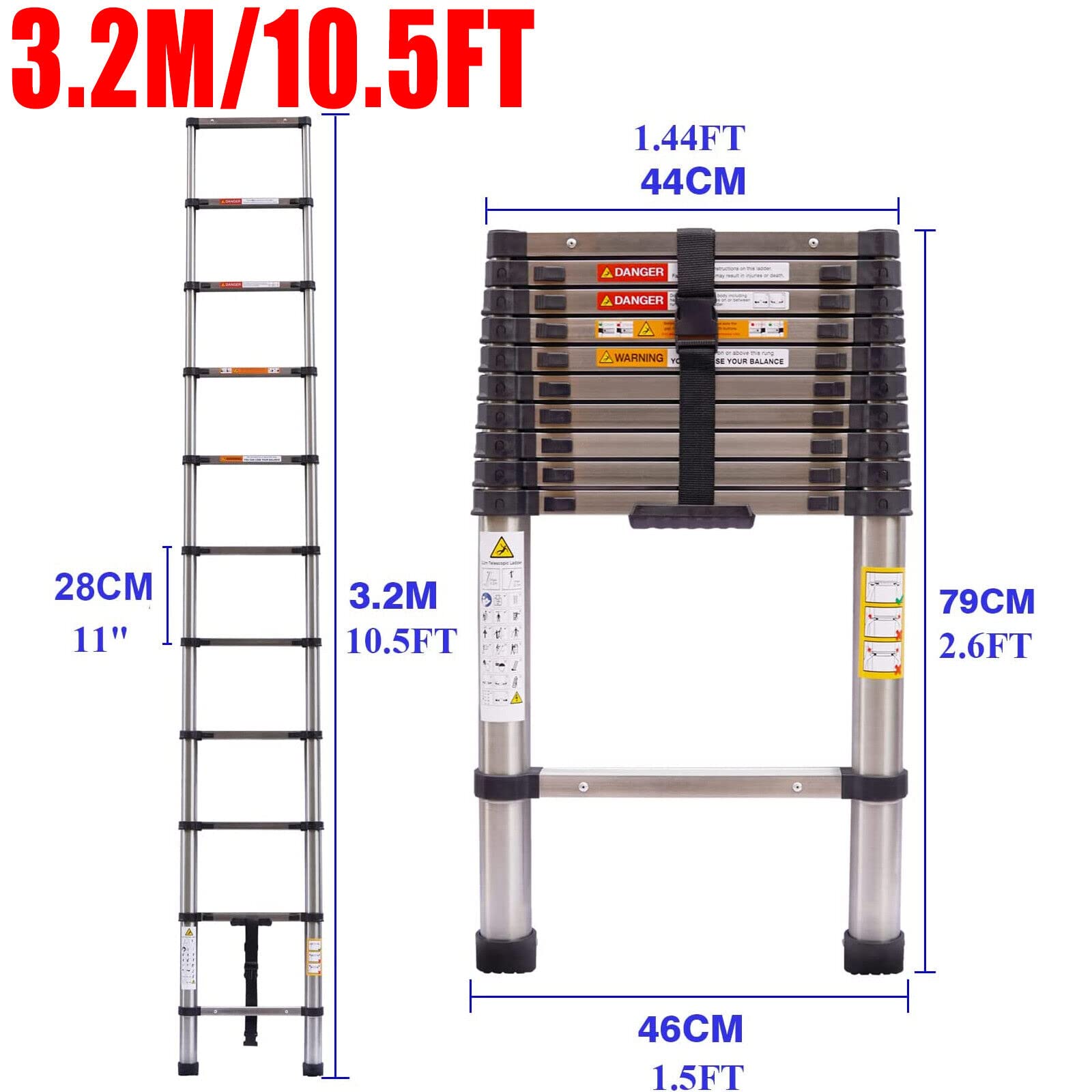 Scala telescopica pieghevole, 3,2 m, antiscivolo, multiuso, allungabile, in acciaio inox, portatile, allungabile, scala Attic EN131, Safe Standard 330 LB, capacità di carico (3,2 m/10,5 ft)