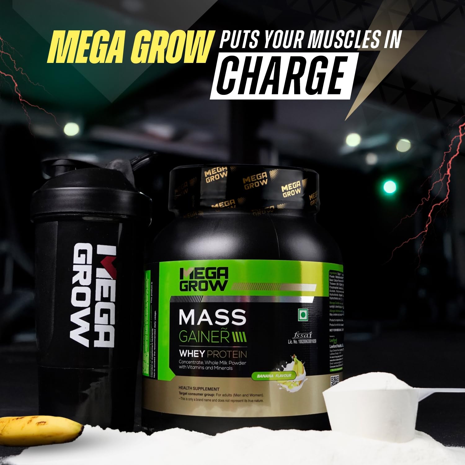 Megagrow Mass Gainer Whey Protein Powder 1Kg – 384.5 Kcal, 22.81g Protein, 9g Carbs – High-Calorie Muscle Mass Gainer for Weight Gain, Size & Strength – Banana Flavour for Men & Women