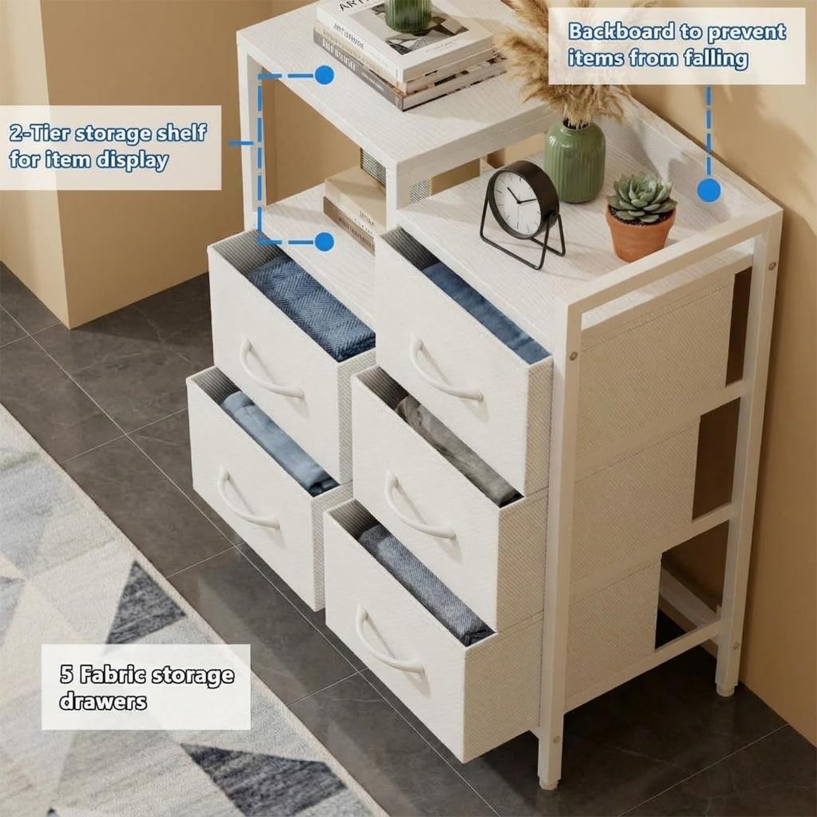Aktenschrank 5 Schubladen, passend für A4, 63×29×72 cm | Rollbarer Büroschrank mit 5 Stoff-Schubladen und offenem Ablagefach, Druckerständer aus Metallrahmen und MDF-Platte